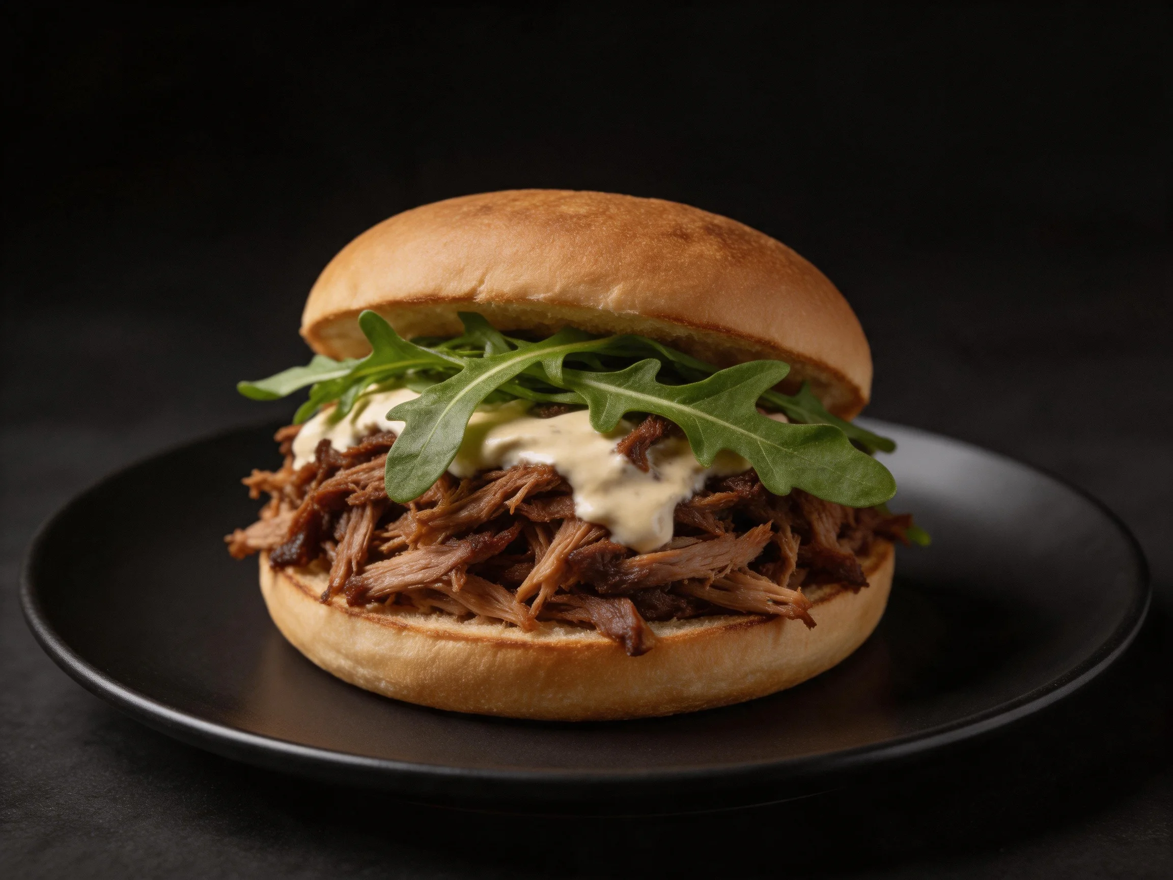 A savory pulled beef sandwich with arugula and creamy sauce