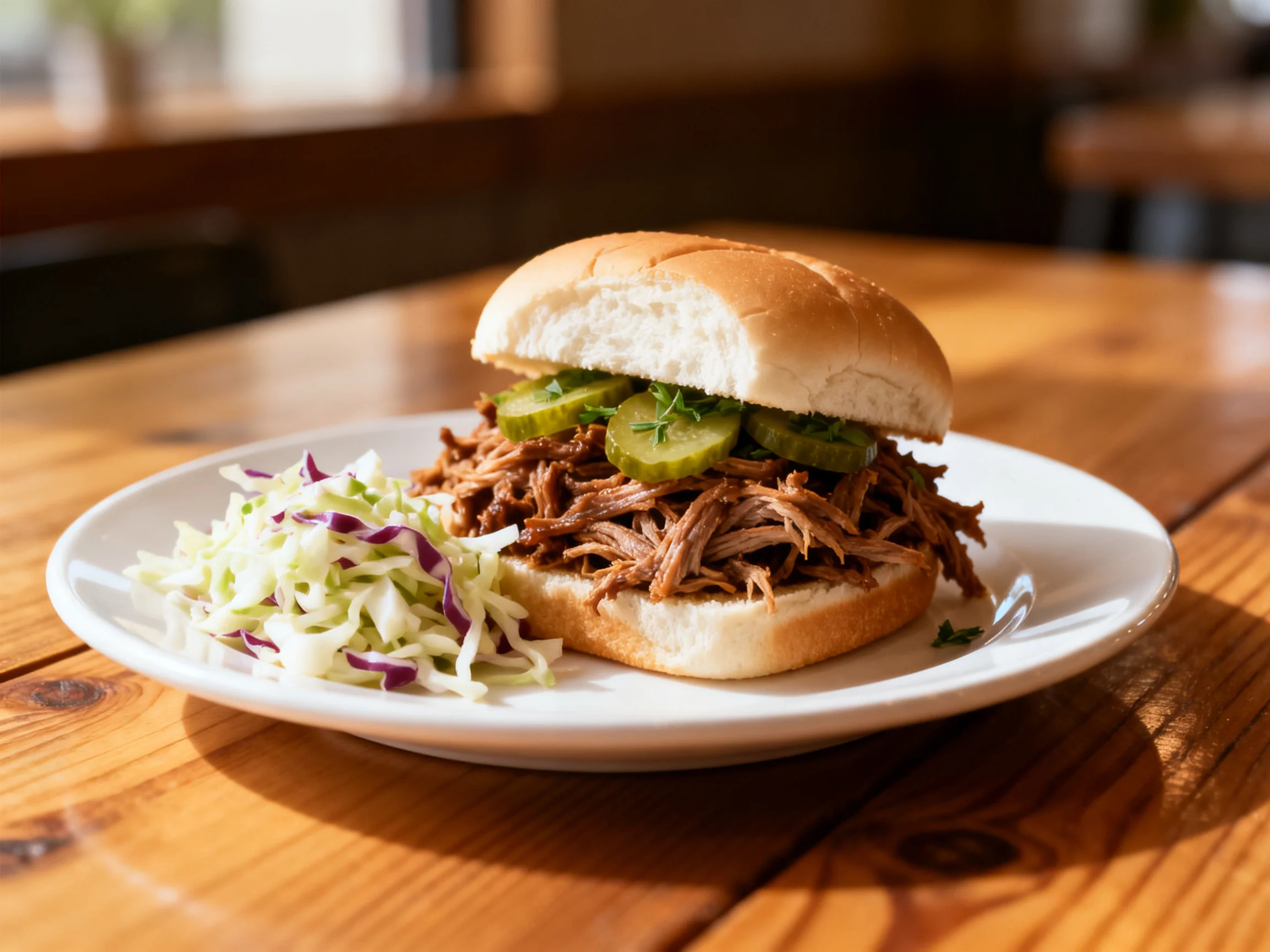 A savory pulled pork sandwich with pickles and slaw on a wooden table