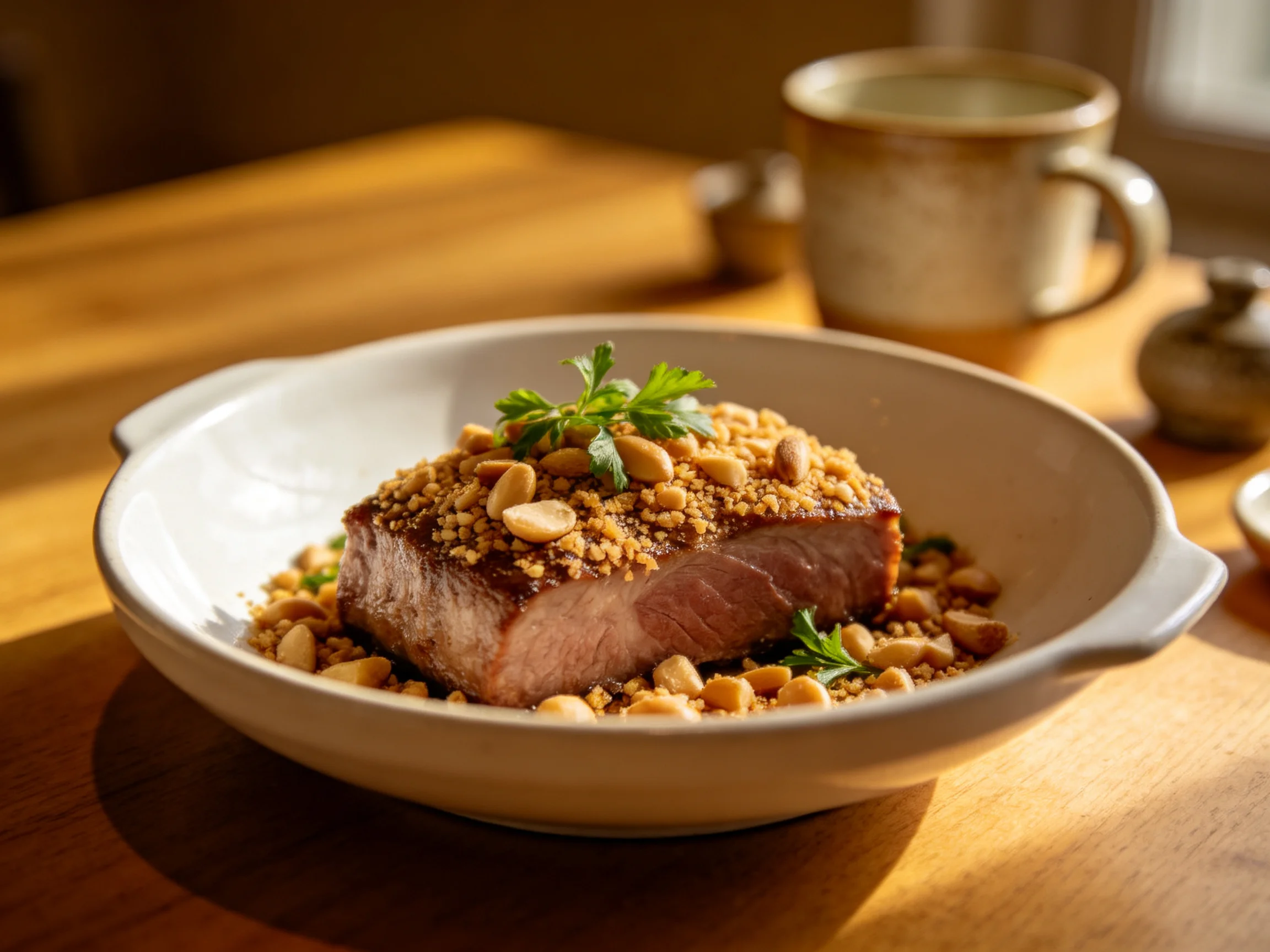 A savory roasted meat dish topped with peanuts and breadcrumbs