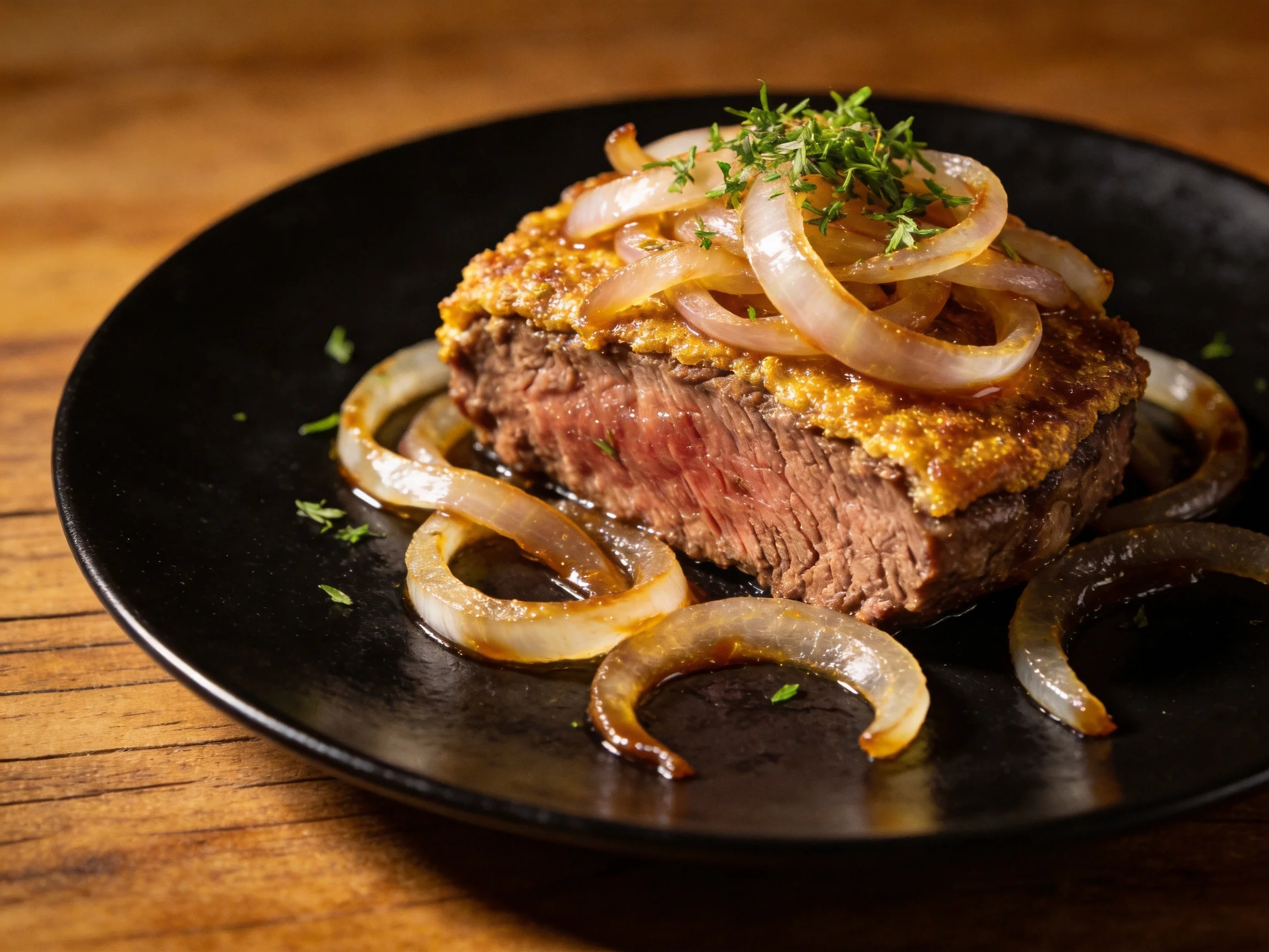 A savory steak topped with caramelized onions and fresh herbs