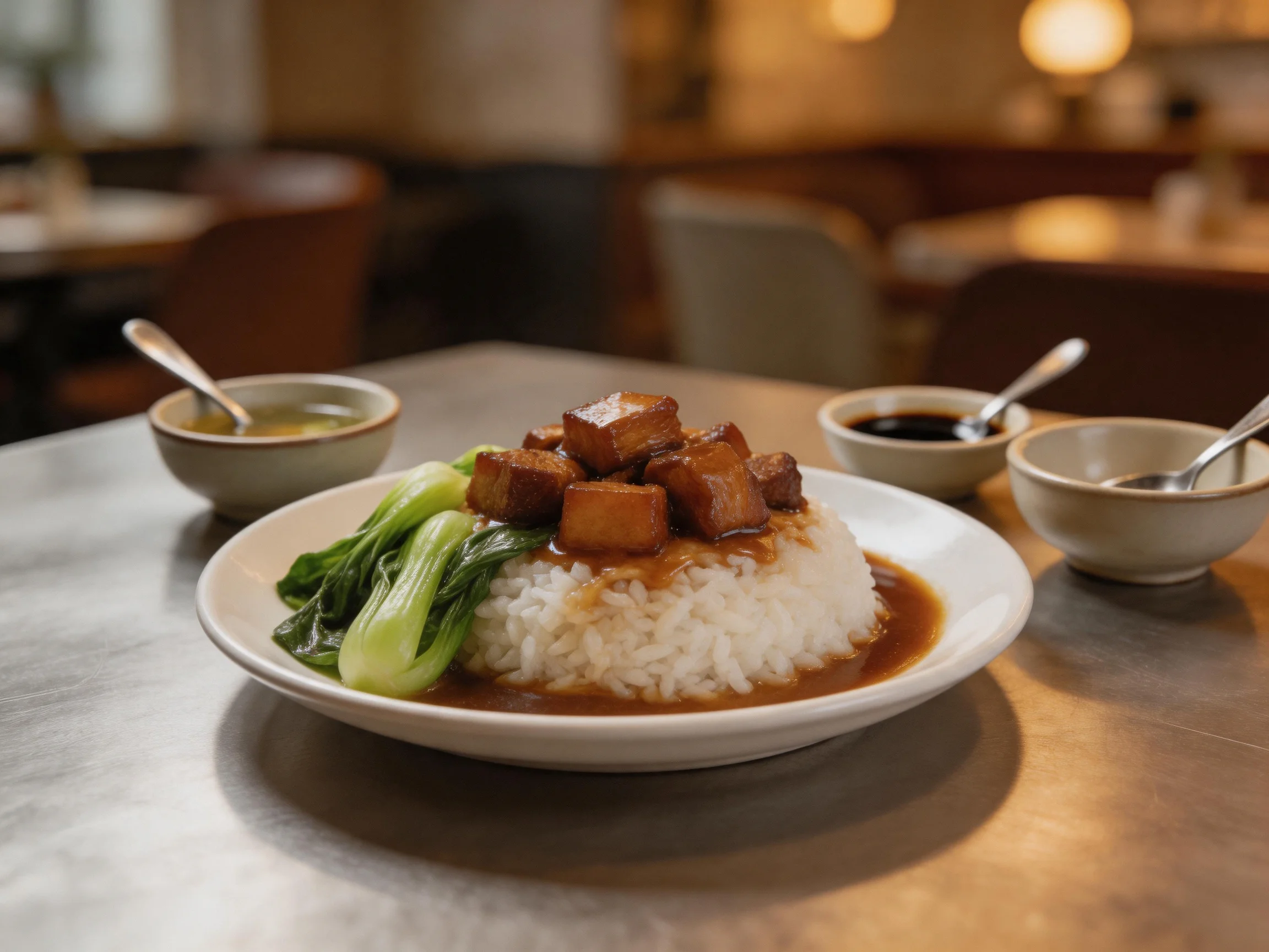 A savory tofu rice bowl with brown sauce and green vegetables