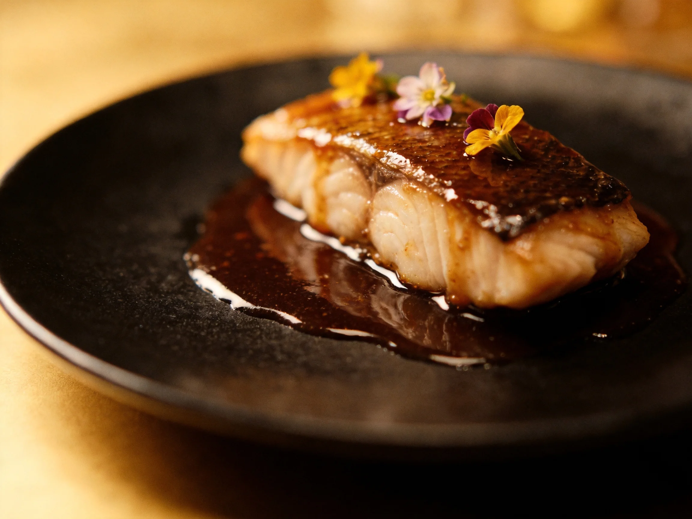 A seared fish fillet with sauce and edible flowers on a black plate