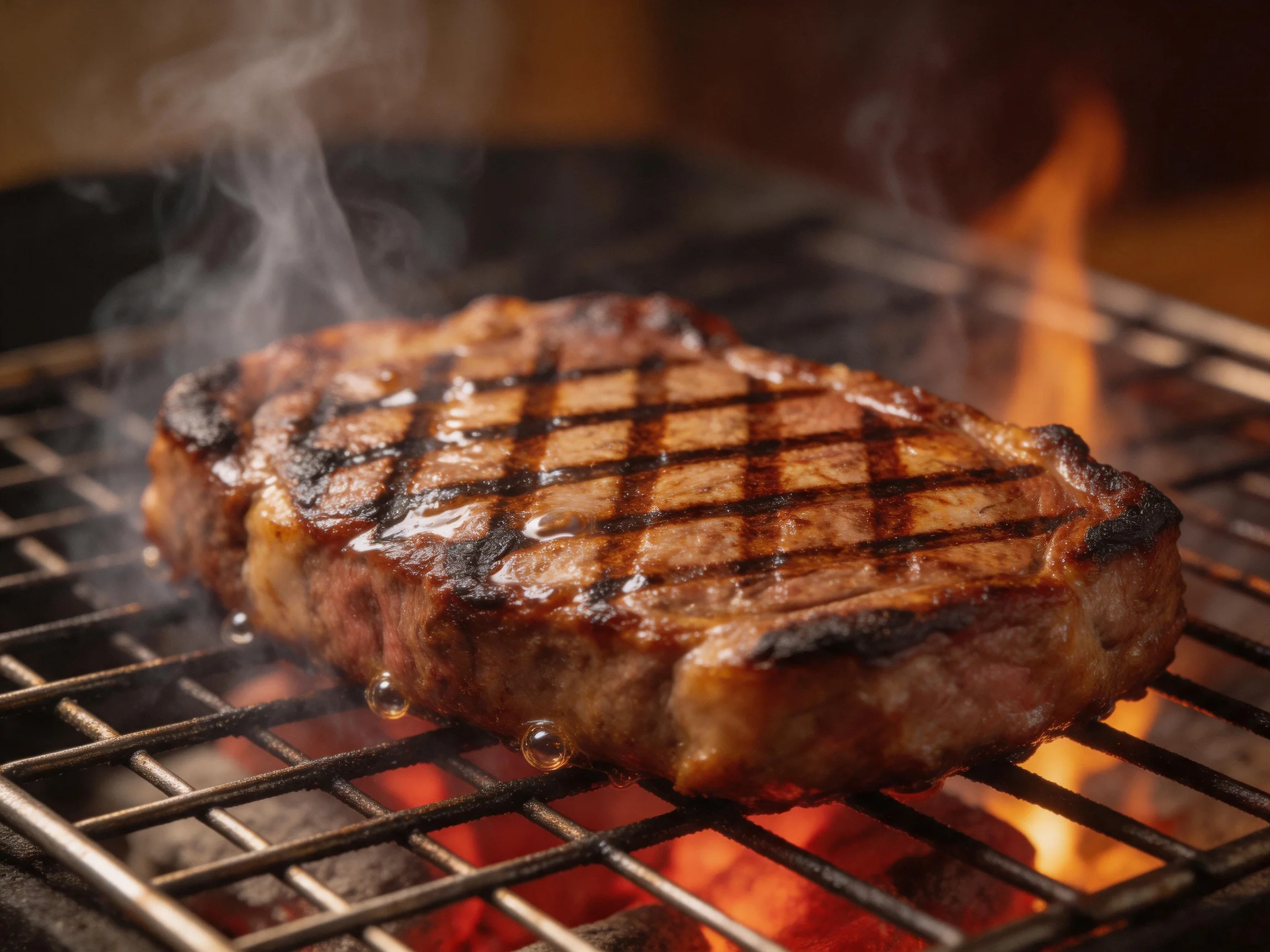 A seared steak with distinct grill marks grilling over glowing embers
