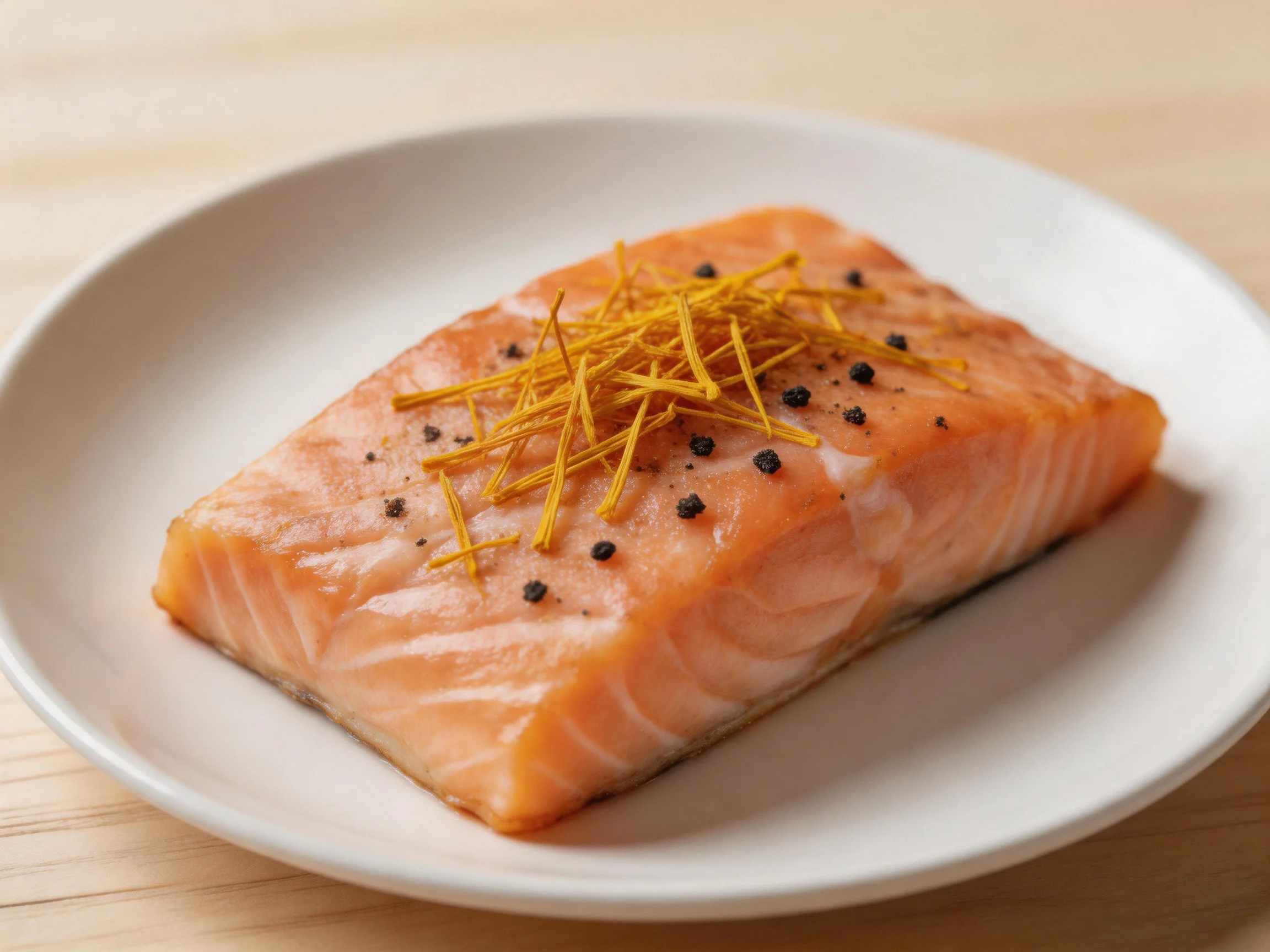 A seasoned salmon fillet topped with saffron strands and black peppercorns on a white plate