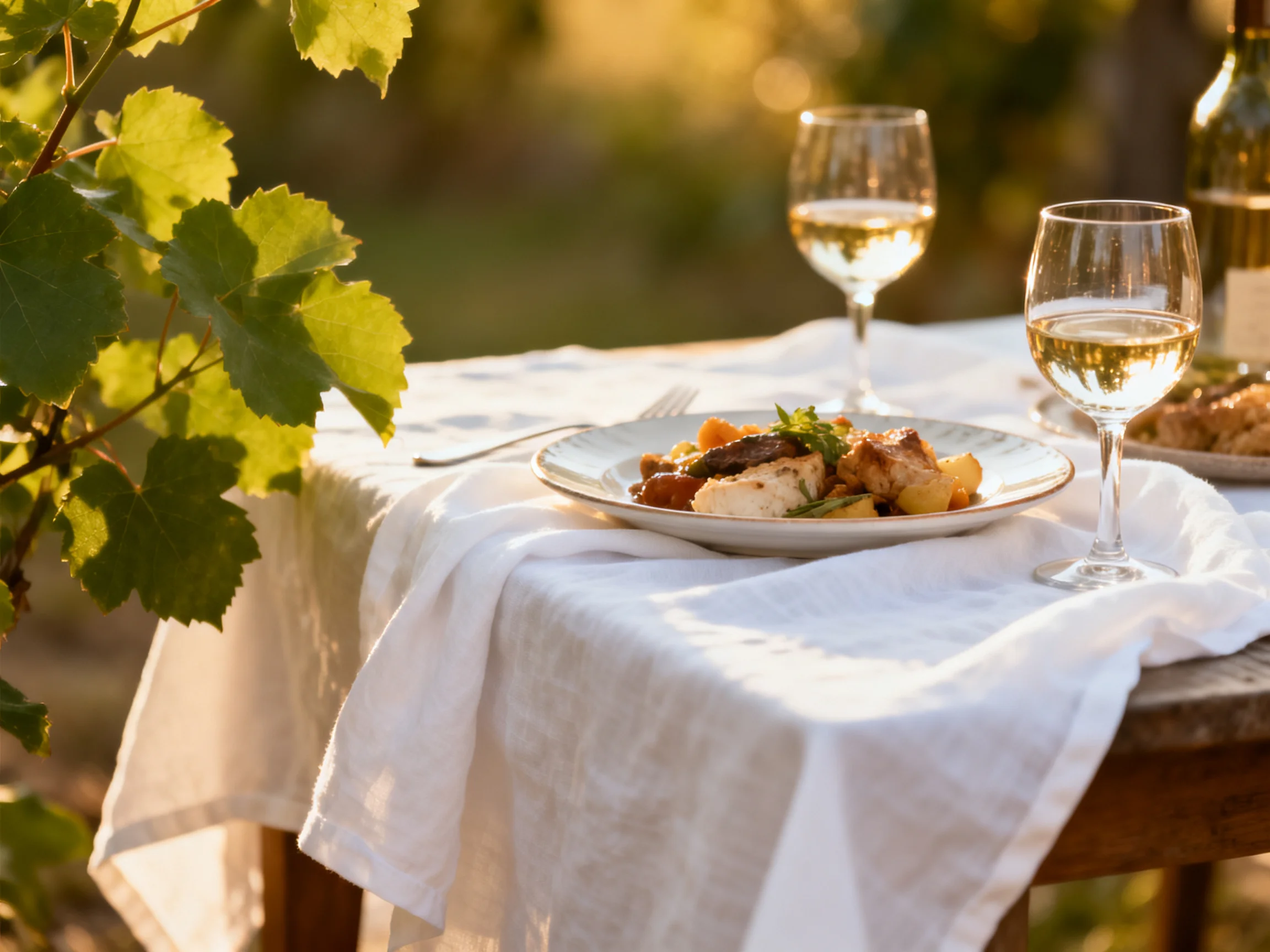 A serene outdoor meal with wine, food, and white linens near grapevines