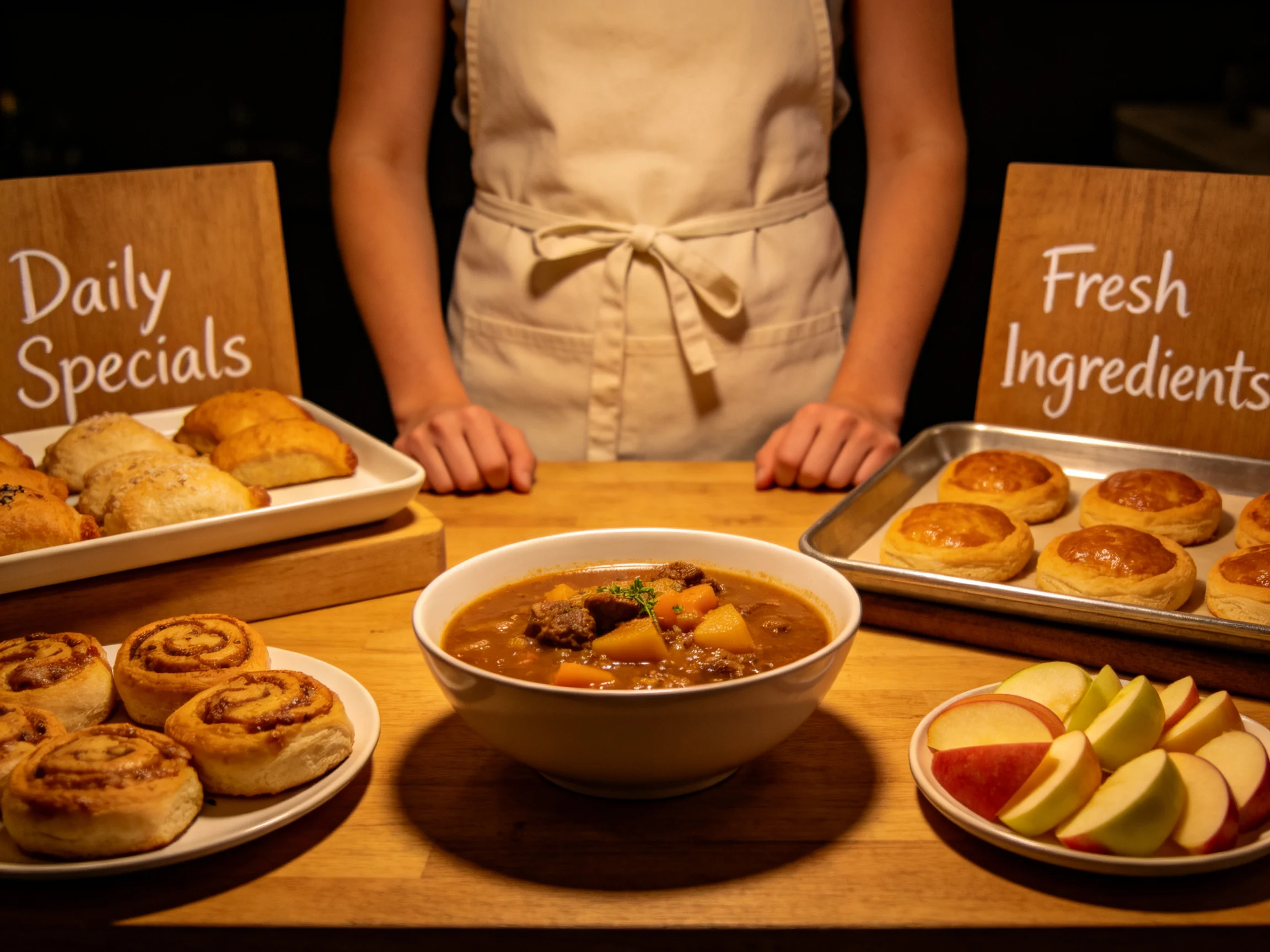 A server presents assorted baked goods, stew, and fresh fruit