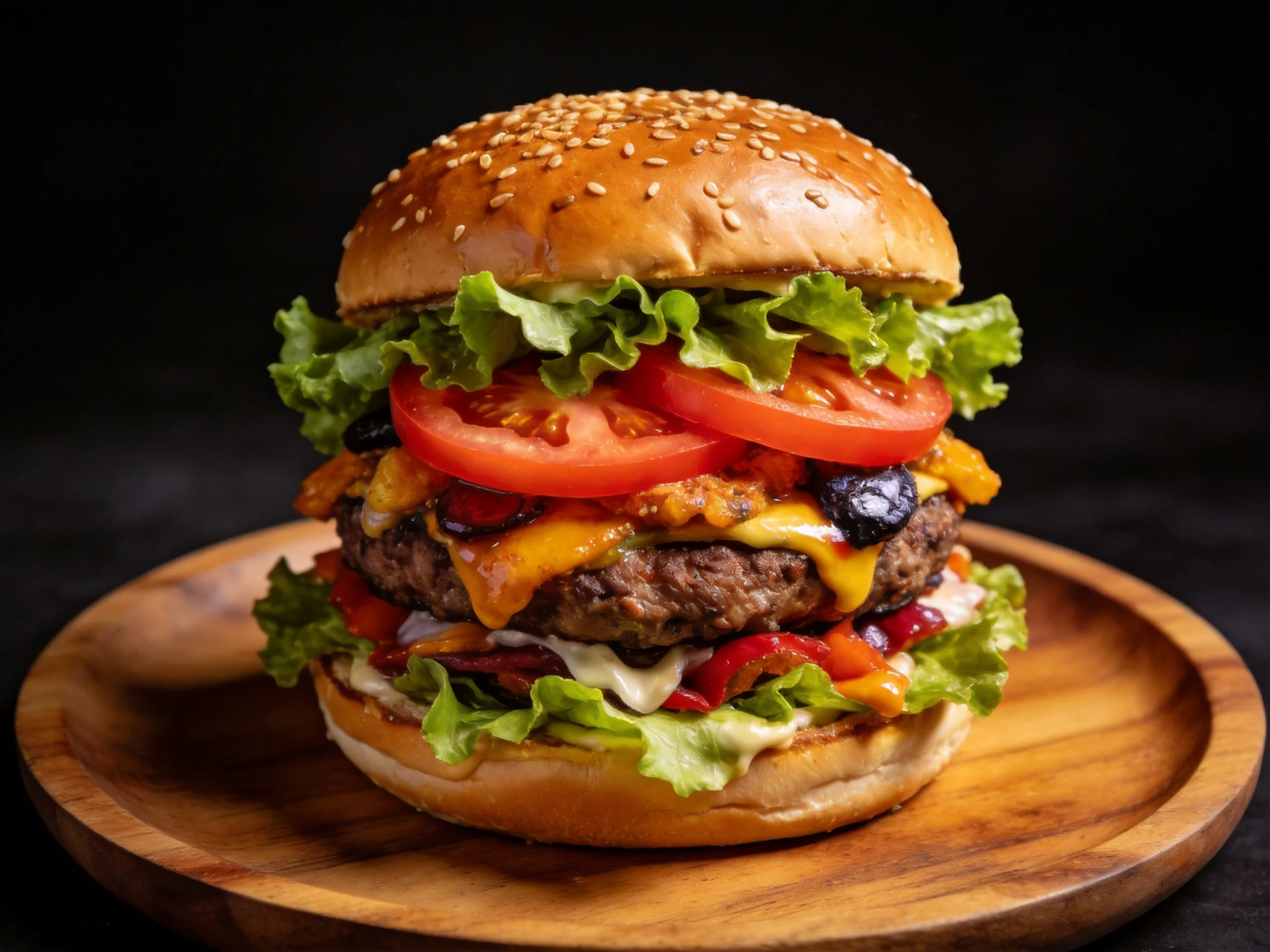 A sesame bun burger stacked with fresh vegetables and melted cheese