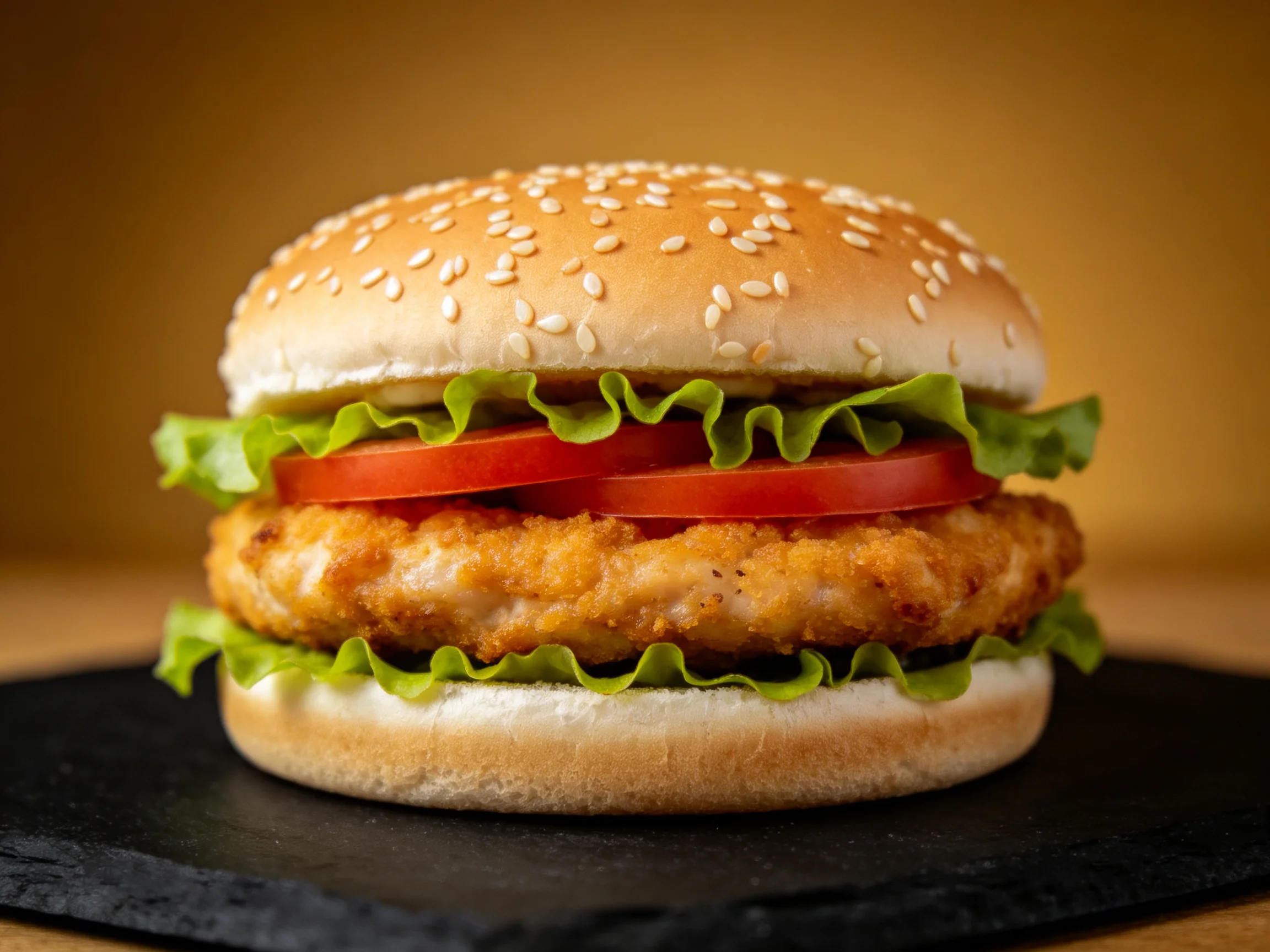 A sesame bun burger with crispy chicken, lettuce, and tomato slices