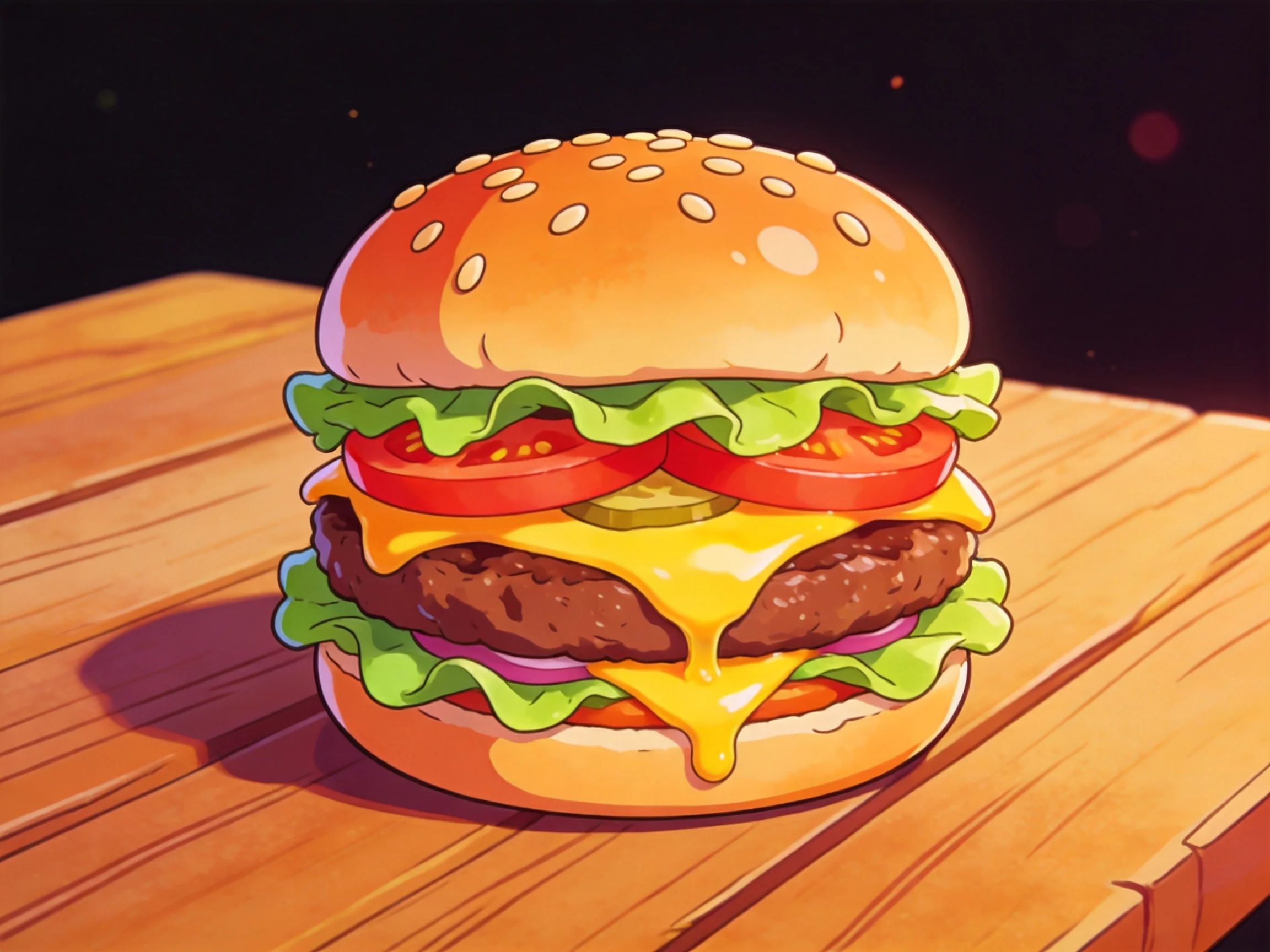 A sesame bun burger with layered veggies, cheese, and beef