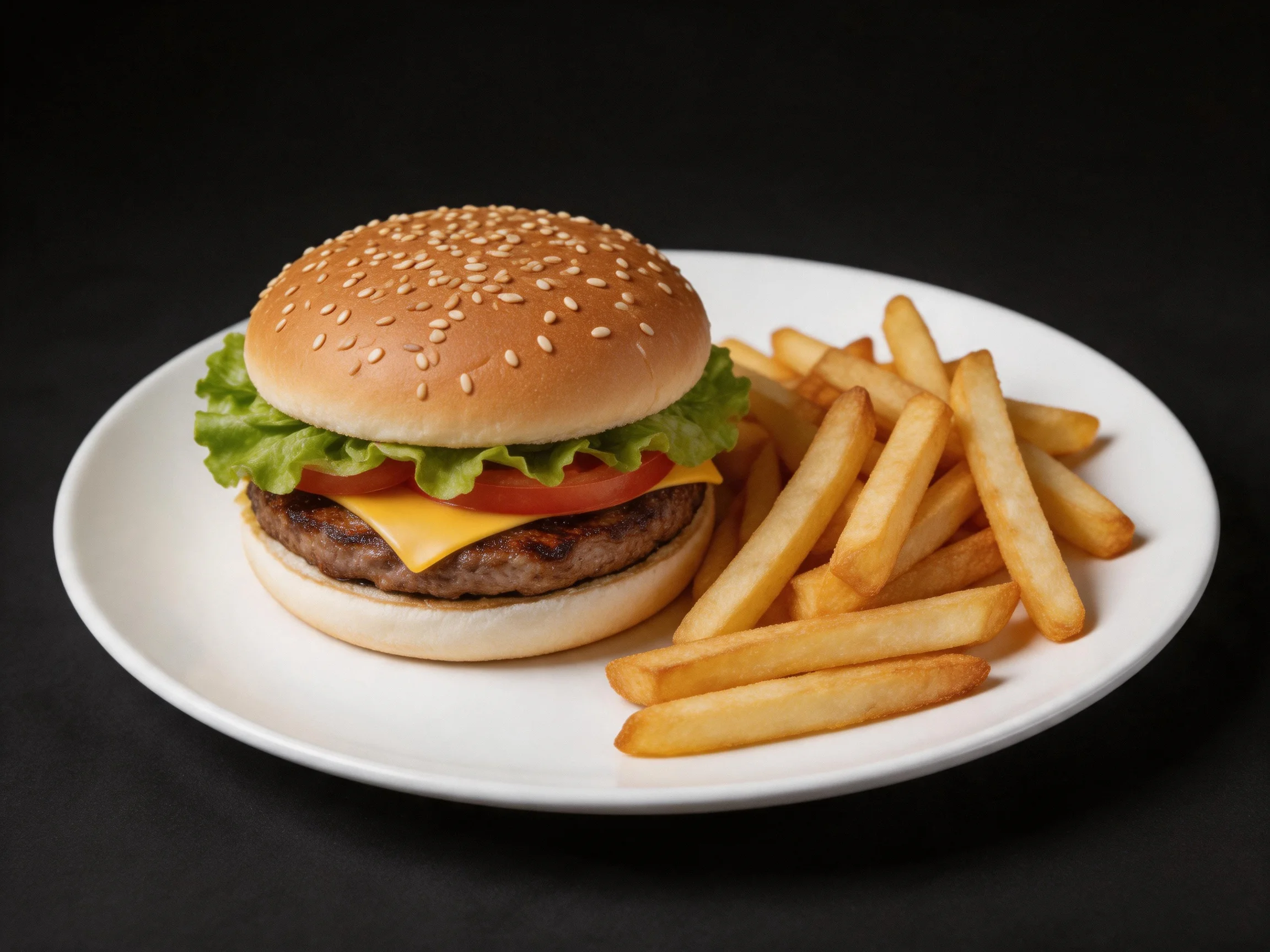 A sesame bun burger with lettuce, tomato, cheese and golden fries