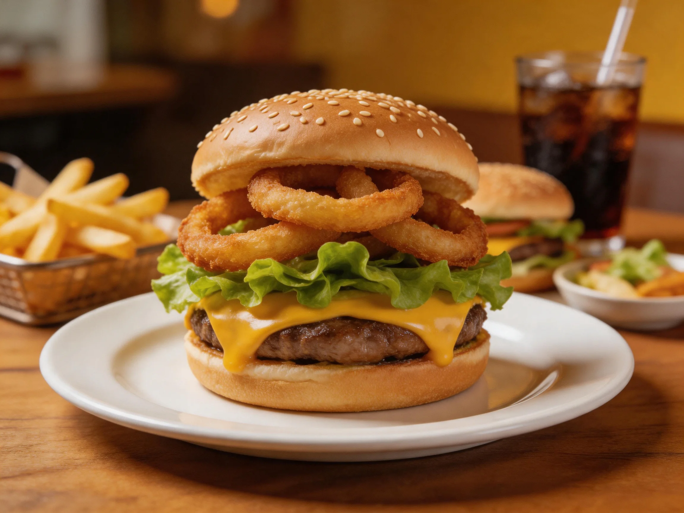 A sesame bun burger with onion rings, golden fries, and a dark soda