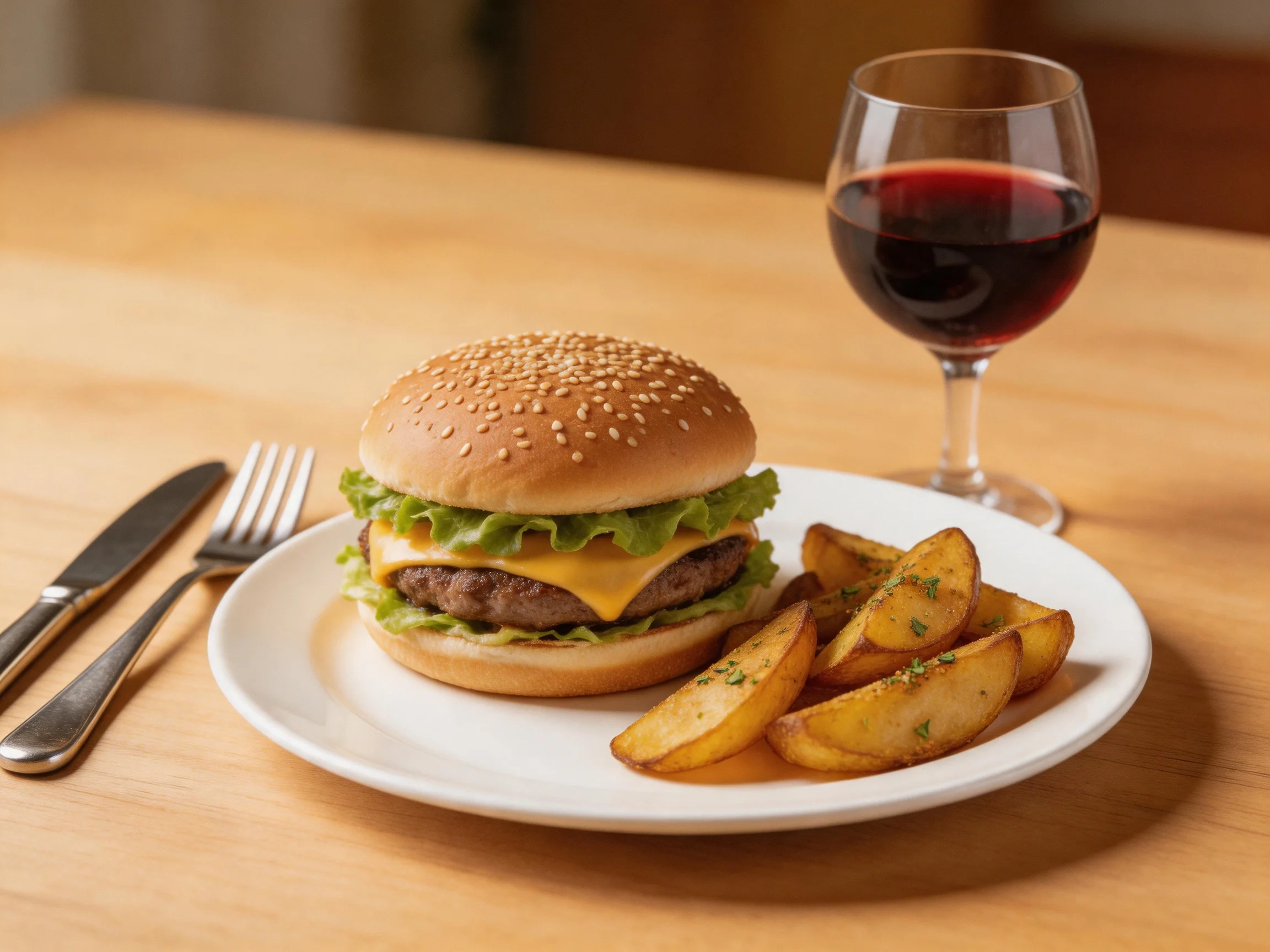 A sesame bun cheeseburger, seasoned potato wedges, and red wine on a wooden table