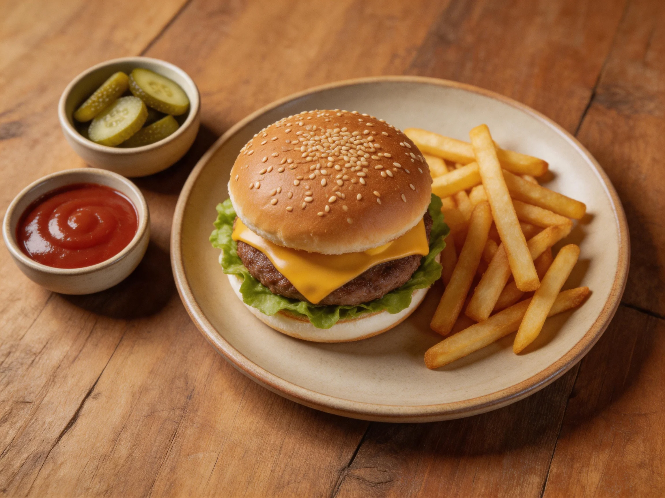 A sesame bun cheeseburger with French fries, pickles, and ketchup