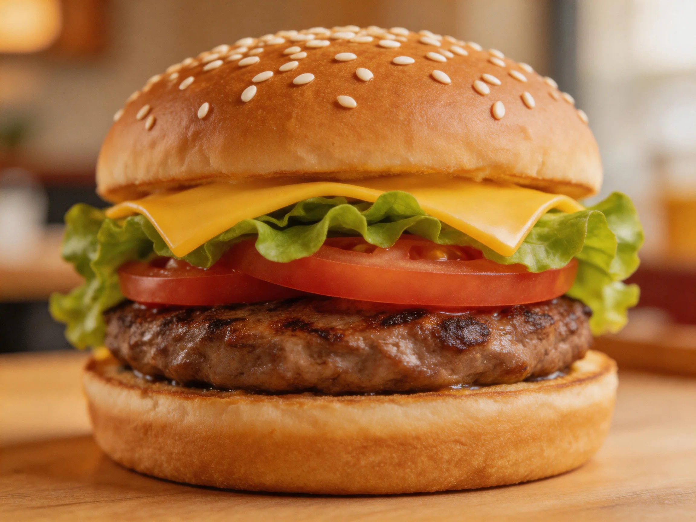 A sesame bun cheeseburger with fresh lettuce, tomato, and grilled beef patty