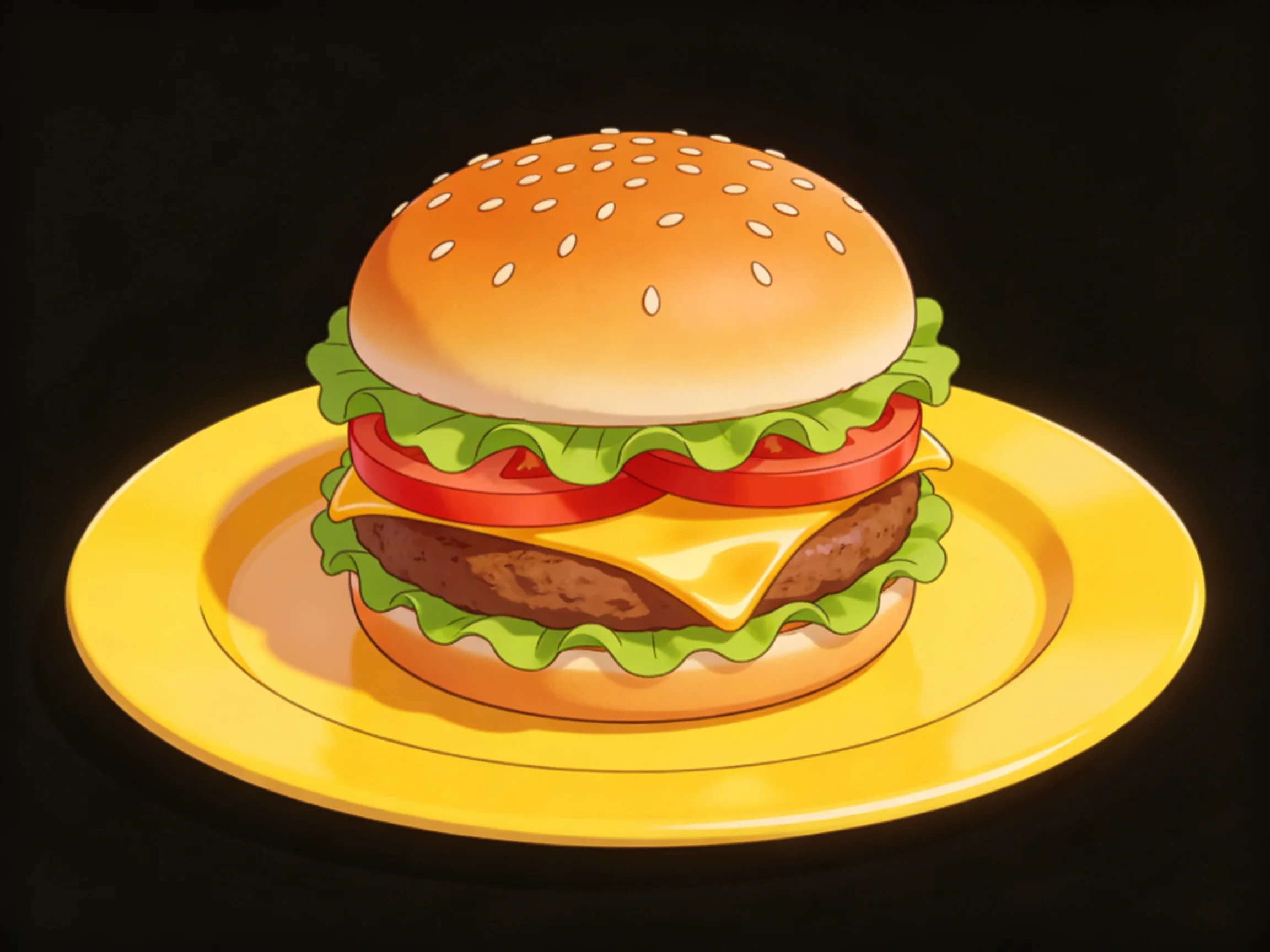 A sesame bun cheeseburger with lettuce, tomato, and cheese on a yellow plate
