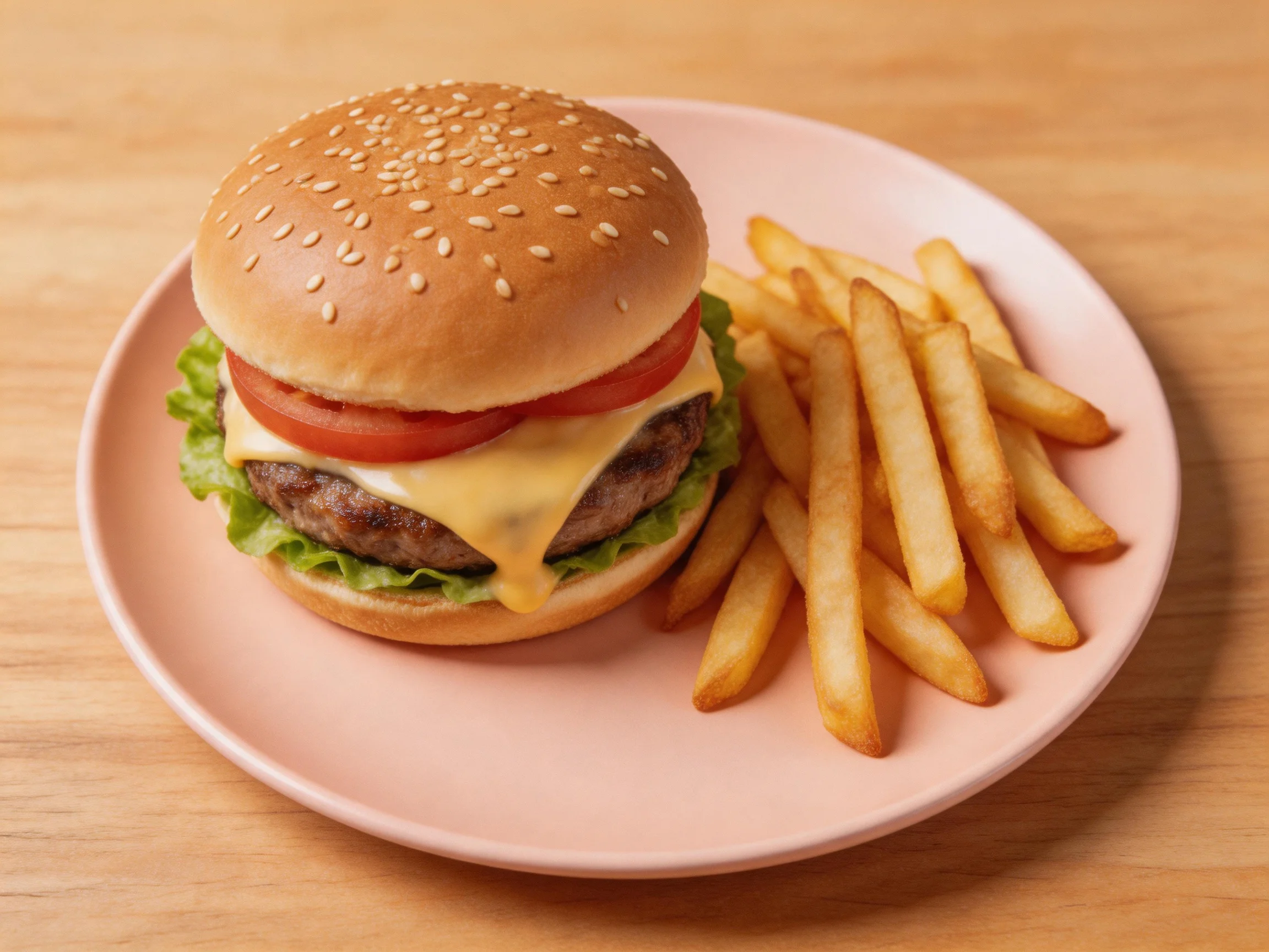 A sesame bun cheeseburger with tomato and fries on a pink plate