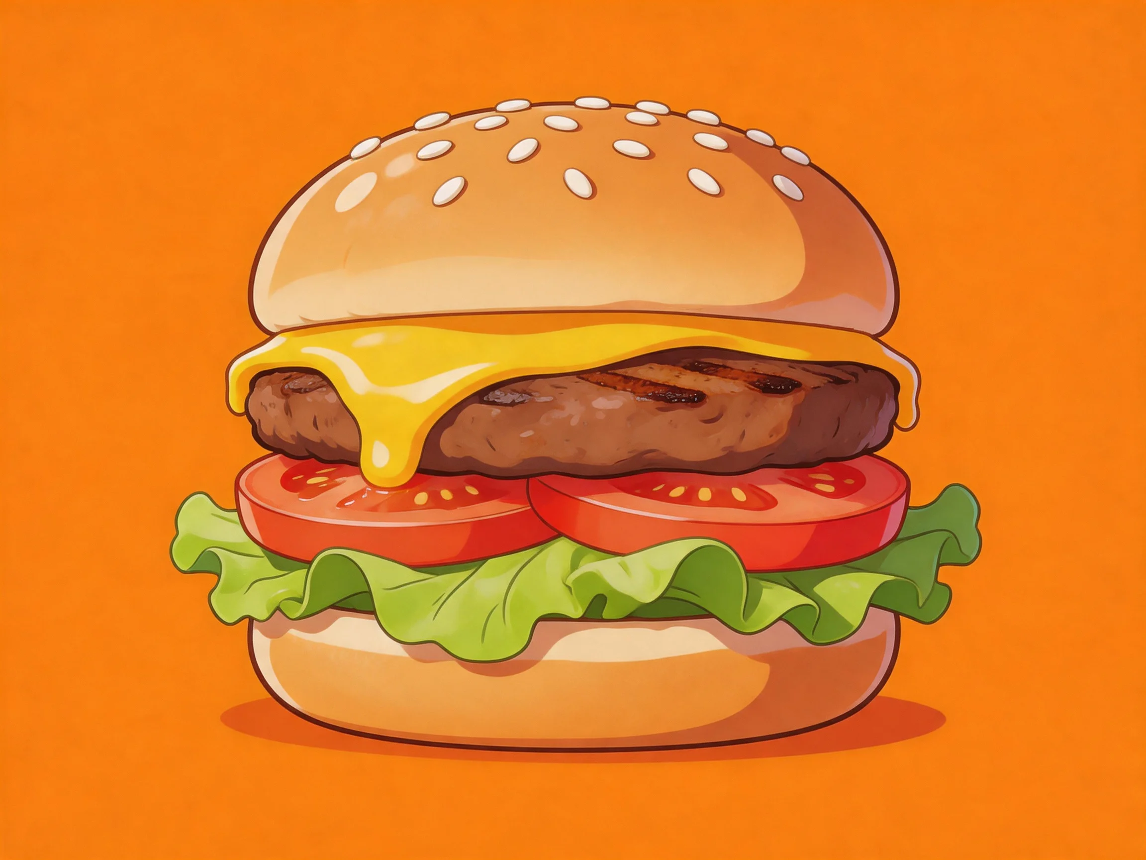 A sesame -eded cheeseburger with melted cheese, grilled beef, tomatoes, and lettuce