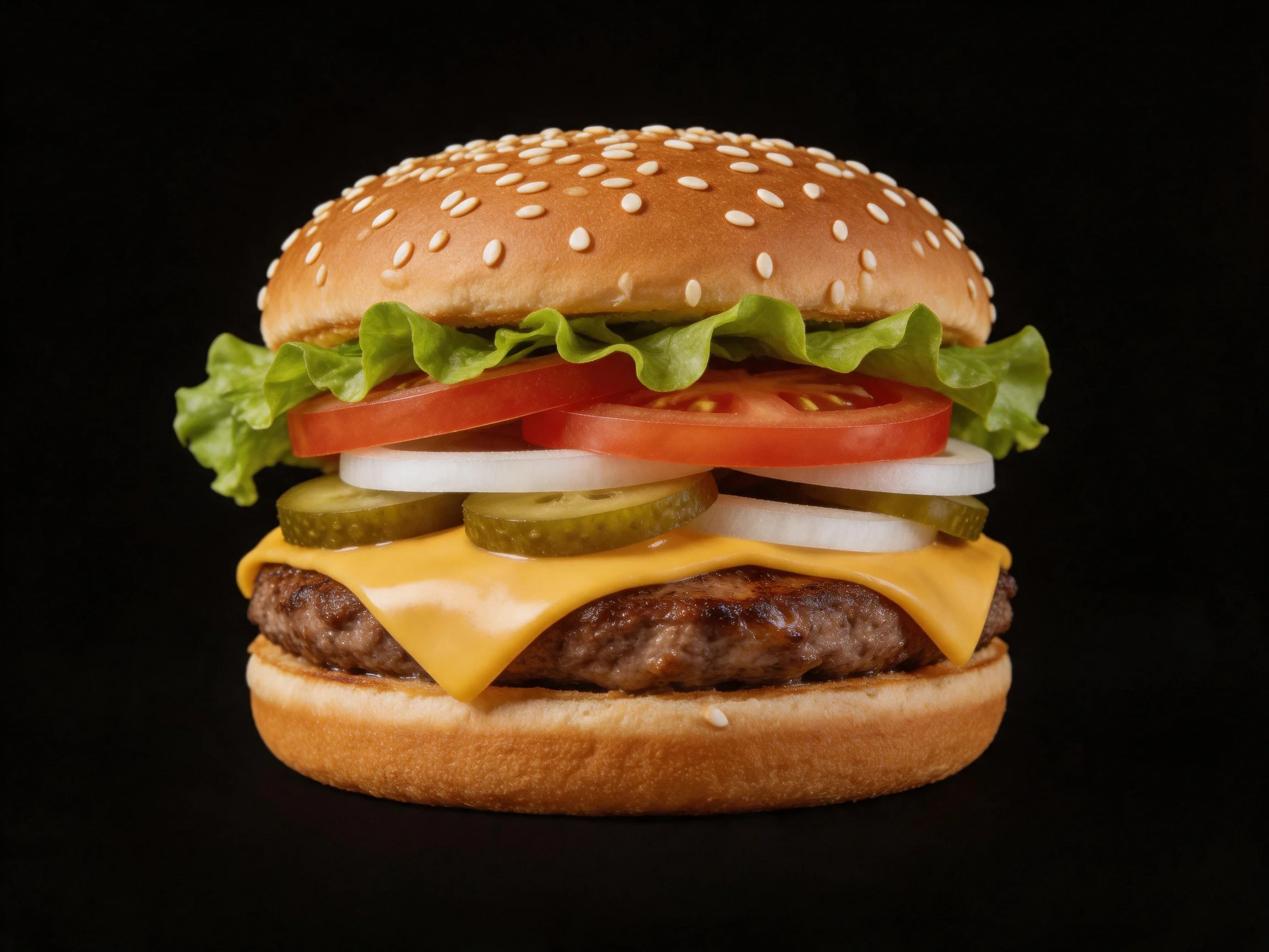 A sesame seed bun burger with layered fresh vegetables and cheese