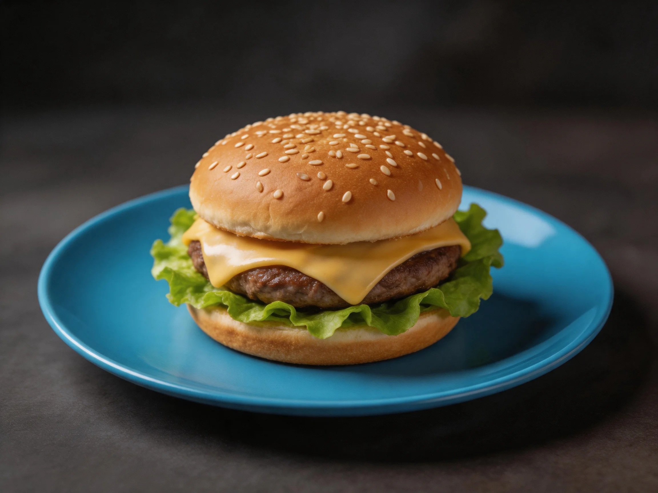 A sesame seed bun cheeseburger served on a blue plate
