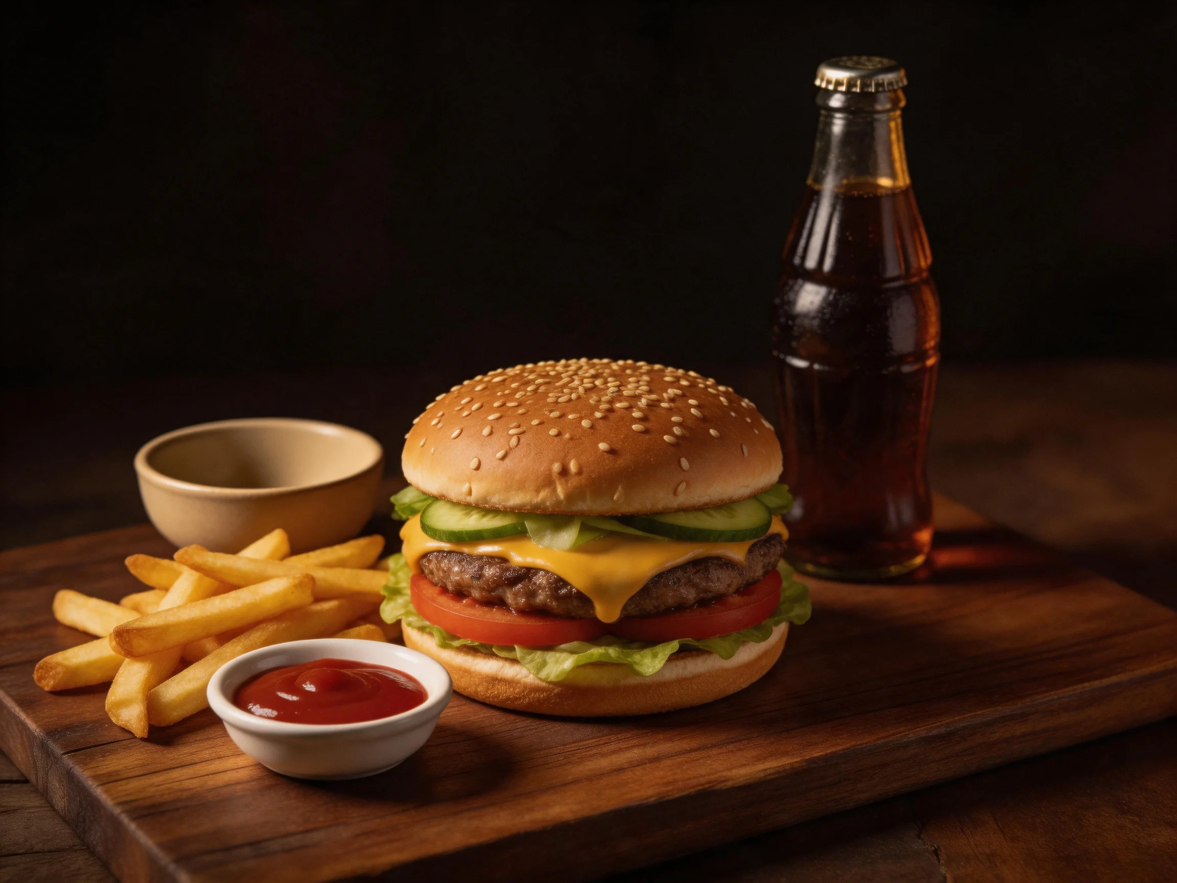 A sesame seed burger, French fries, ketchup, and soda bottle on wooden board
