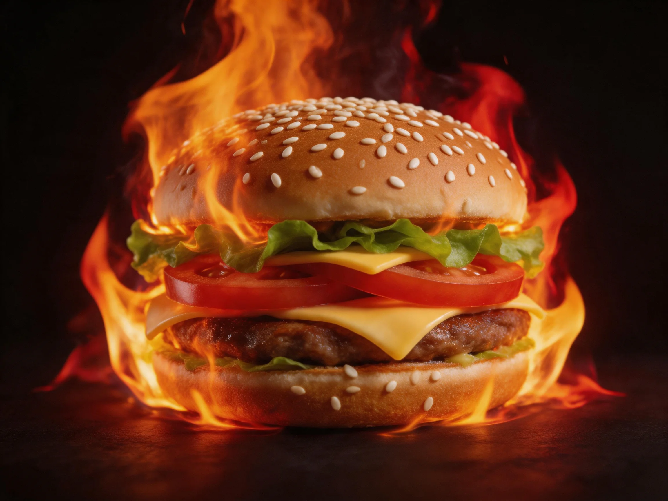 A sesame seed burger ablaze with bright orange flames, loaded with fresh veggies and cheese