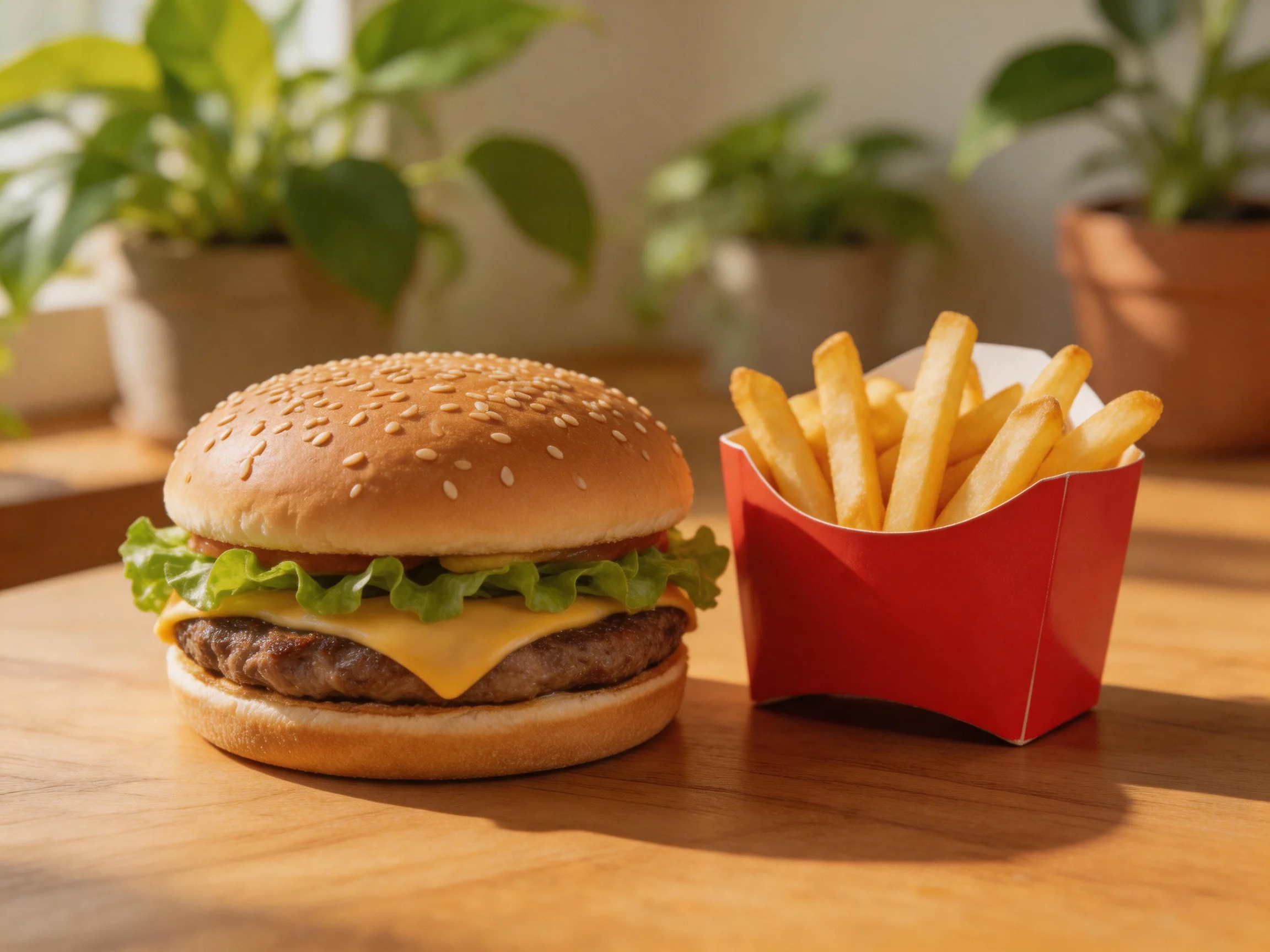 A sesame seed burger and golden fries sit on a wooden table near potted plants