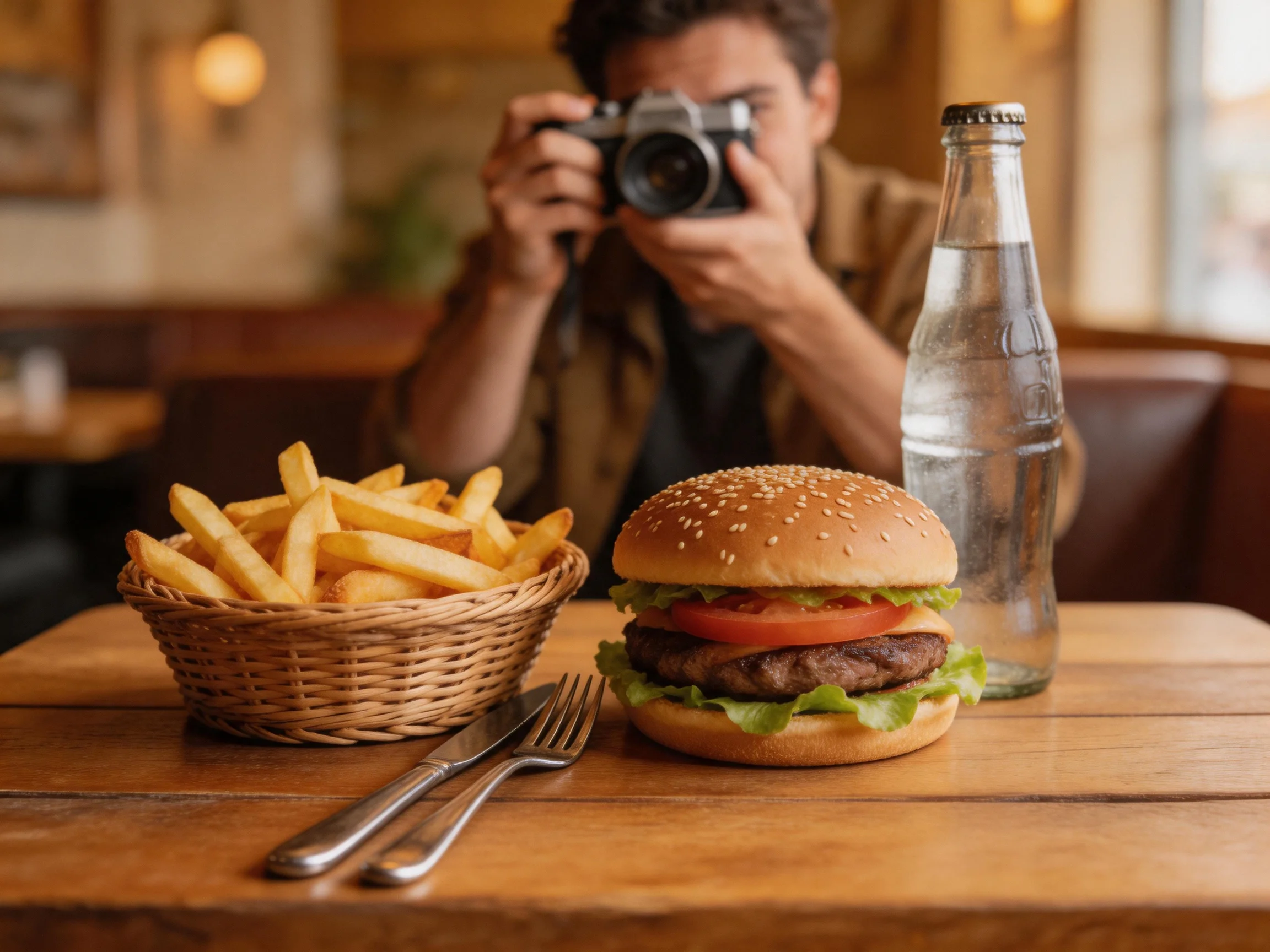 A sesame seed burger, crispy fries, and glass water bottle on a wooden table