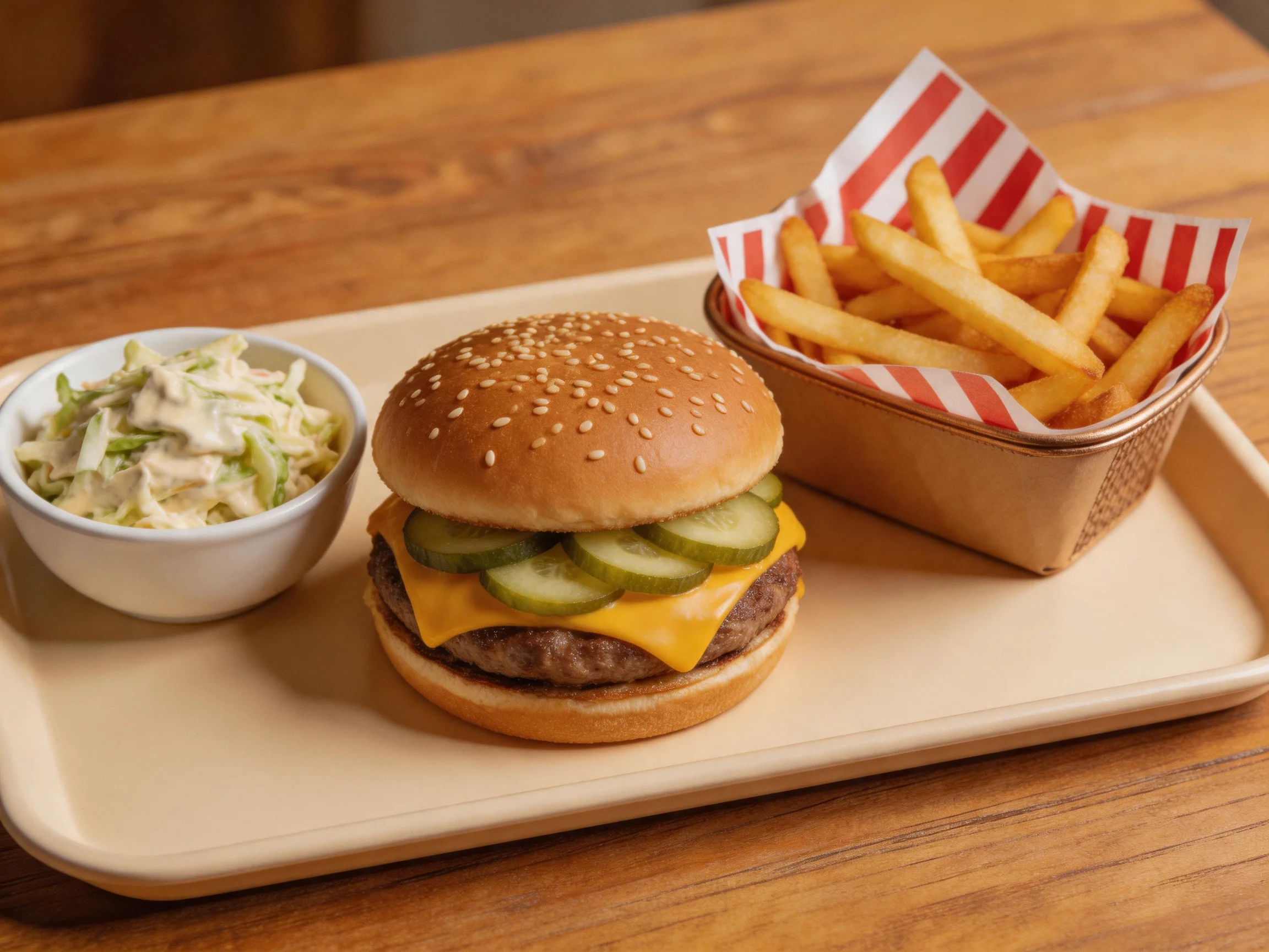 A sesame seed burger, golden fries, and coleslaw on a beige tray