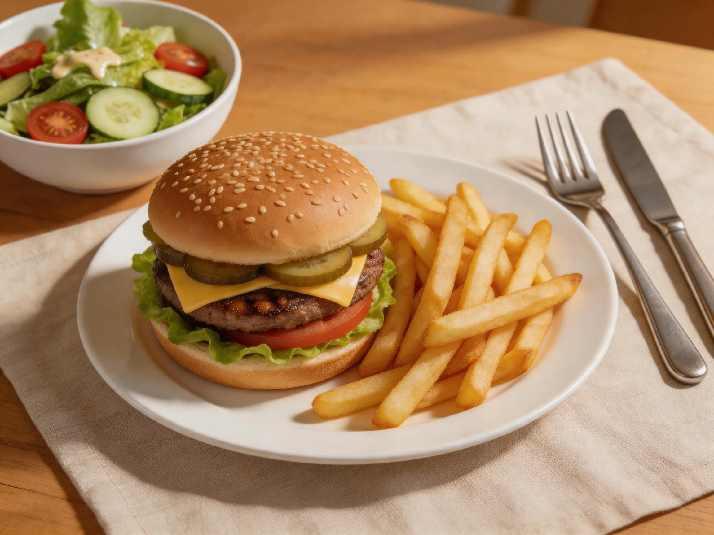 A sesame seed burger, golden fries, and fresh green salad on a wooden table