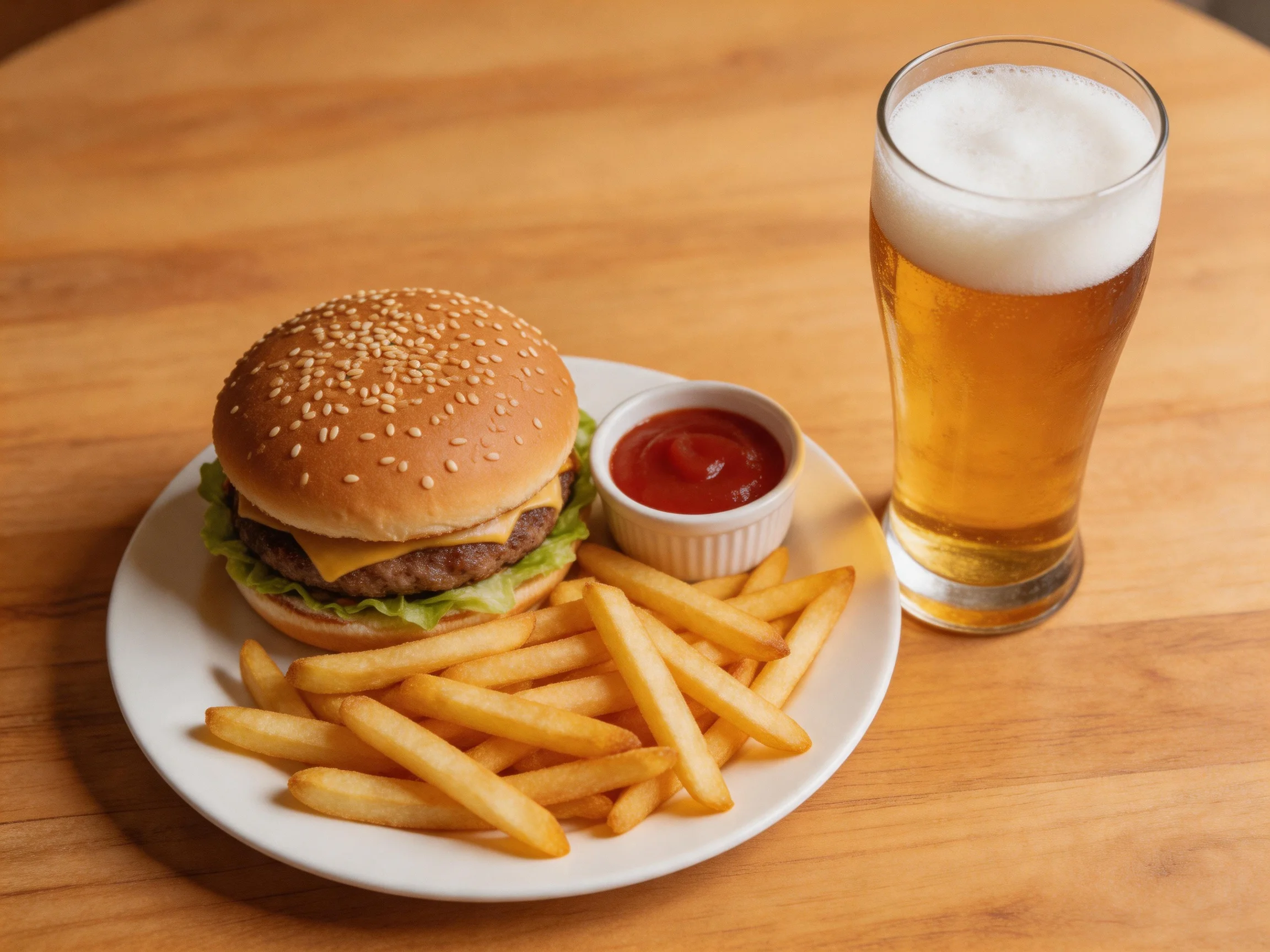 A sesame seed burger, golden fries, and frothy beer on a wooden table