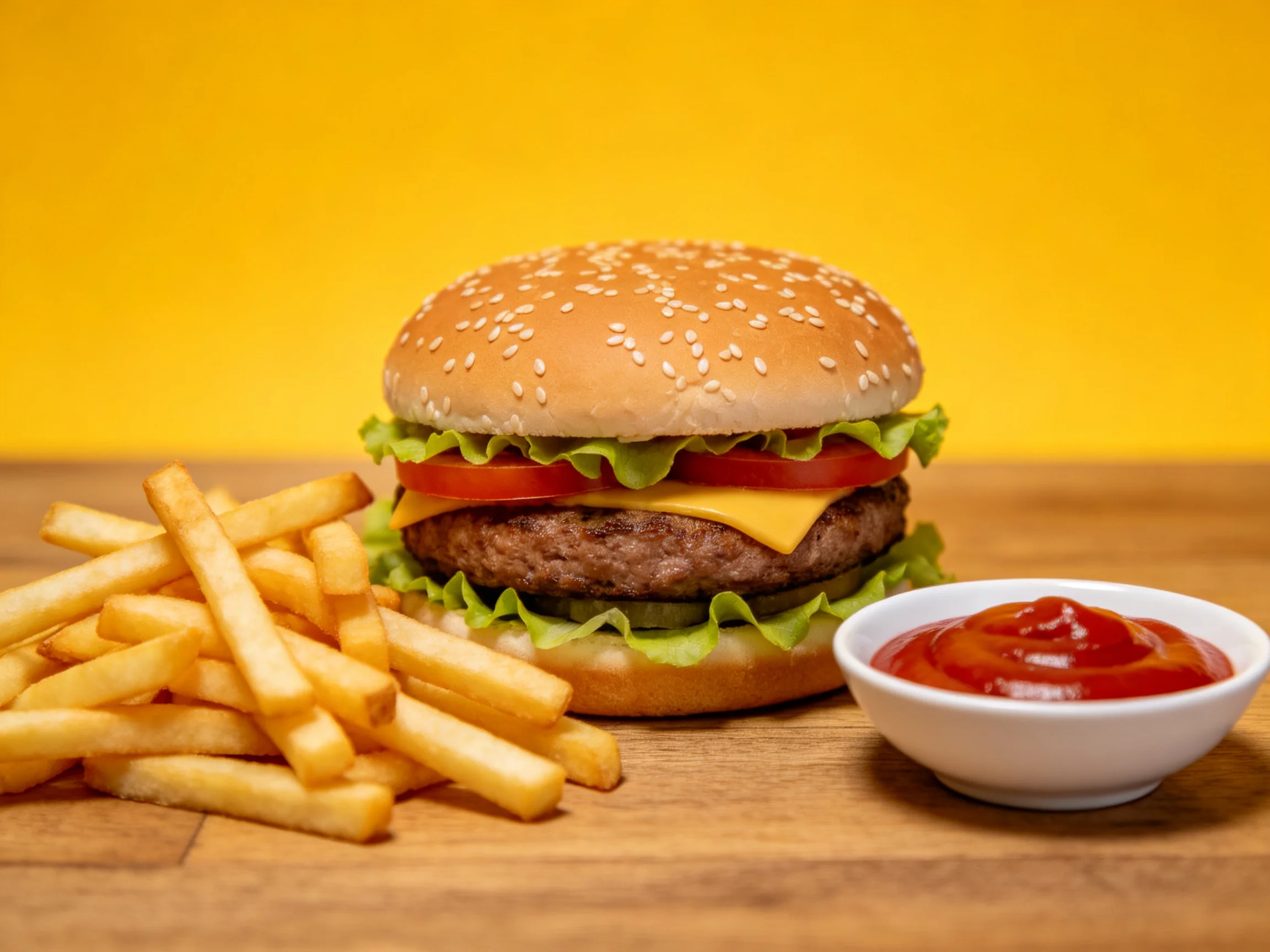 A sesame seed burger, golden fries, and red ketchup on wooden surface