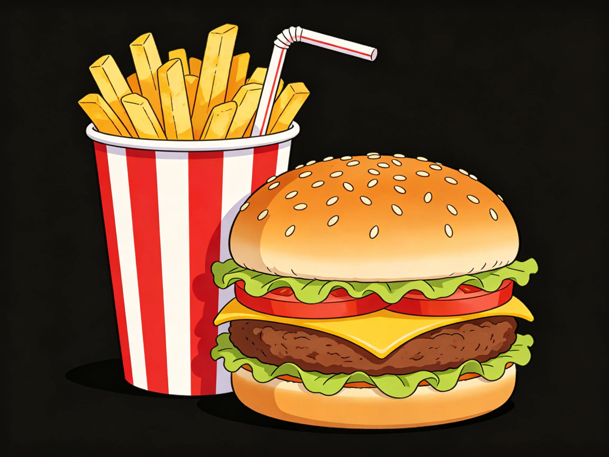 A sesame seed burger near a red and white striped container of fries with a straw