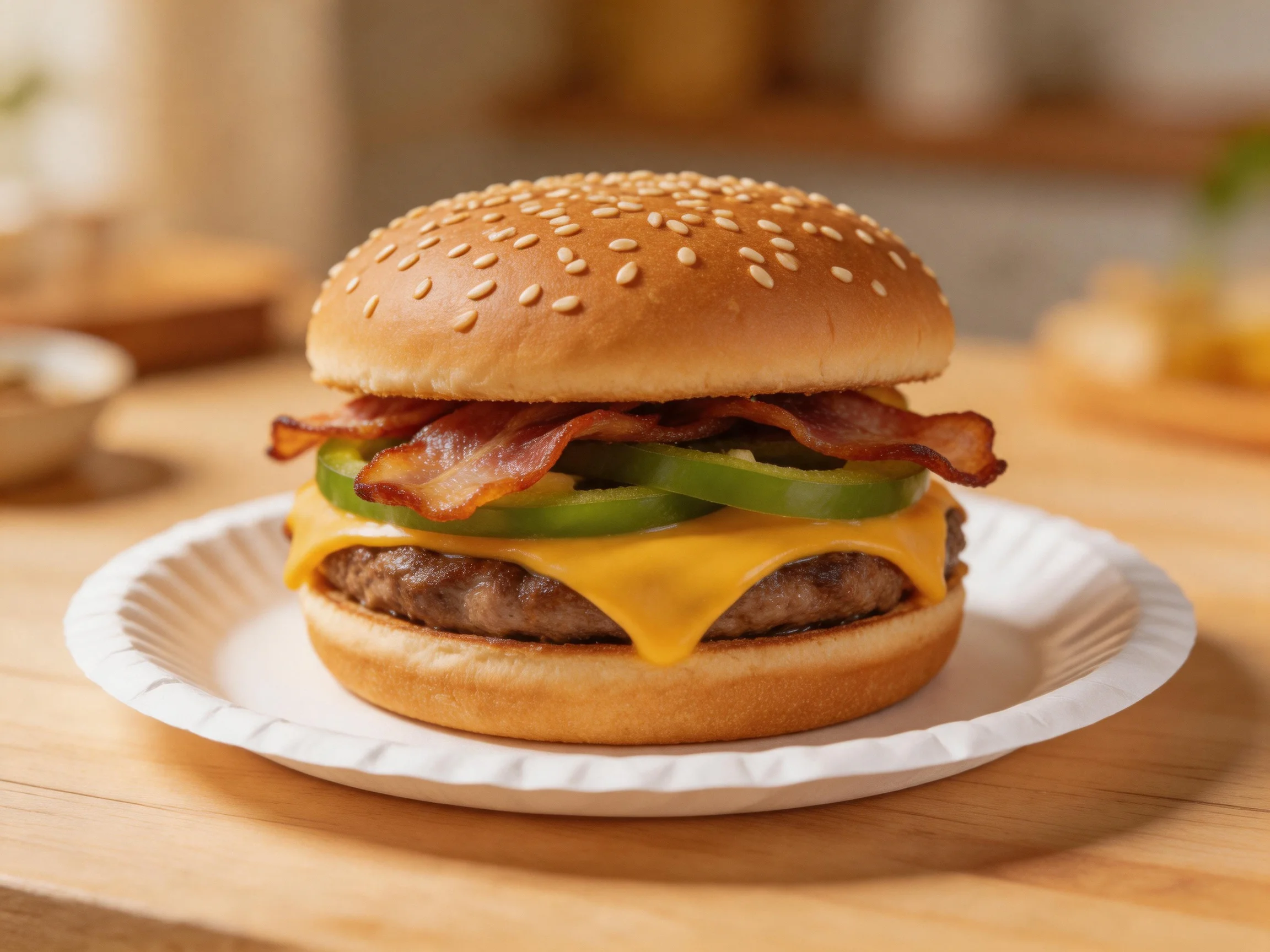 A sesame seed burger with bacon, jalapeno slices, and melted cheddar