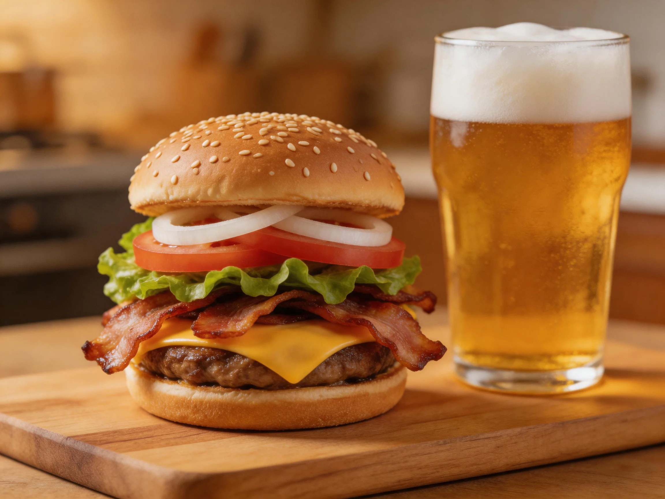 A sesame seed burger with bacon, lettuce, tomato next to a frothy beer glass
