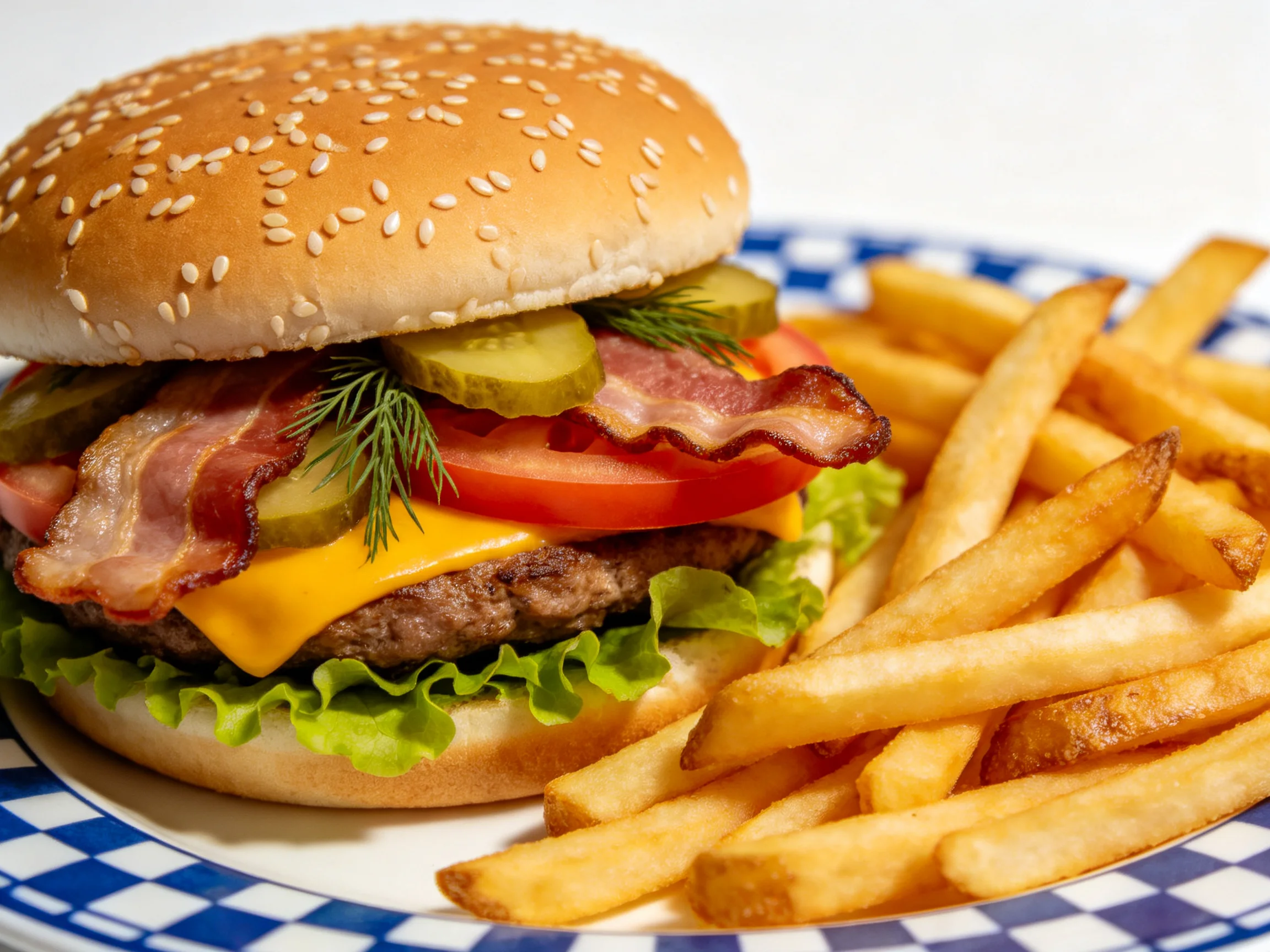 A sesame seed burger with bacon, pickles, and cheese served with crispy fries