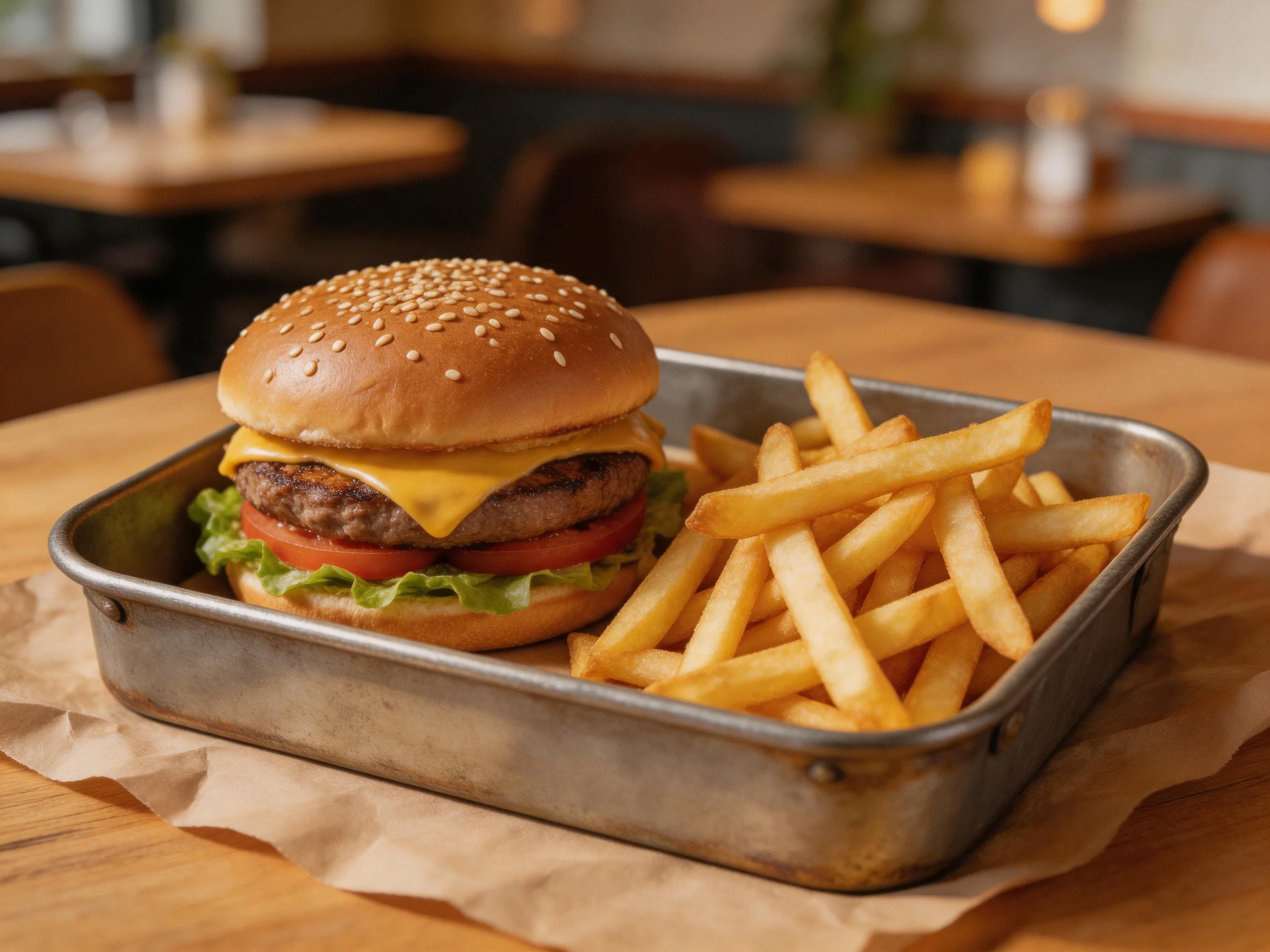 A sesame seed burger with cheese and tomato beside golden fries