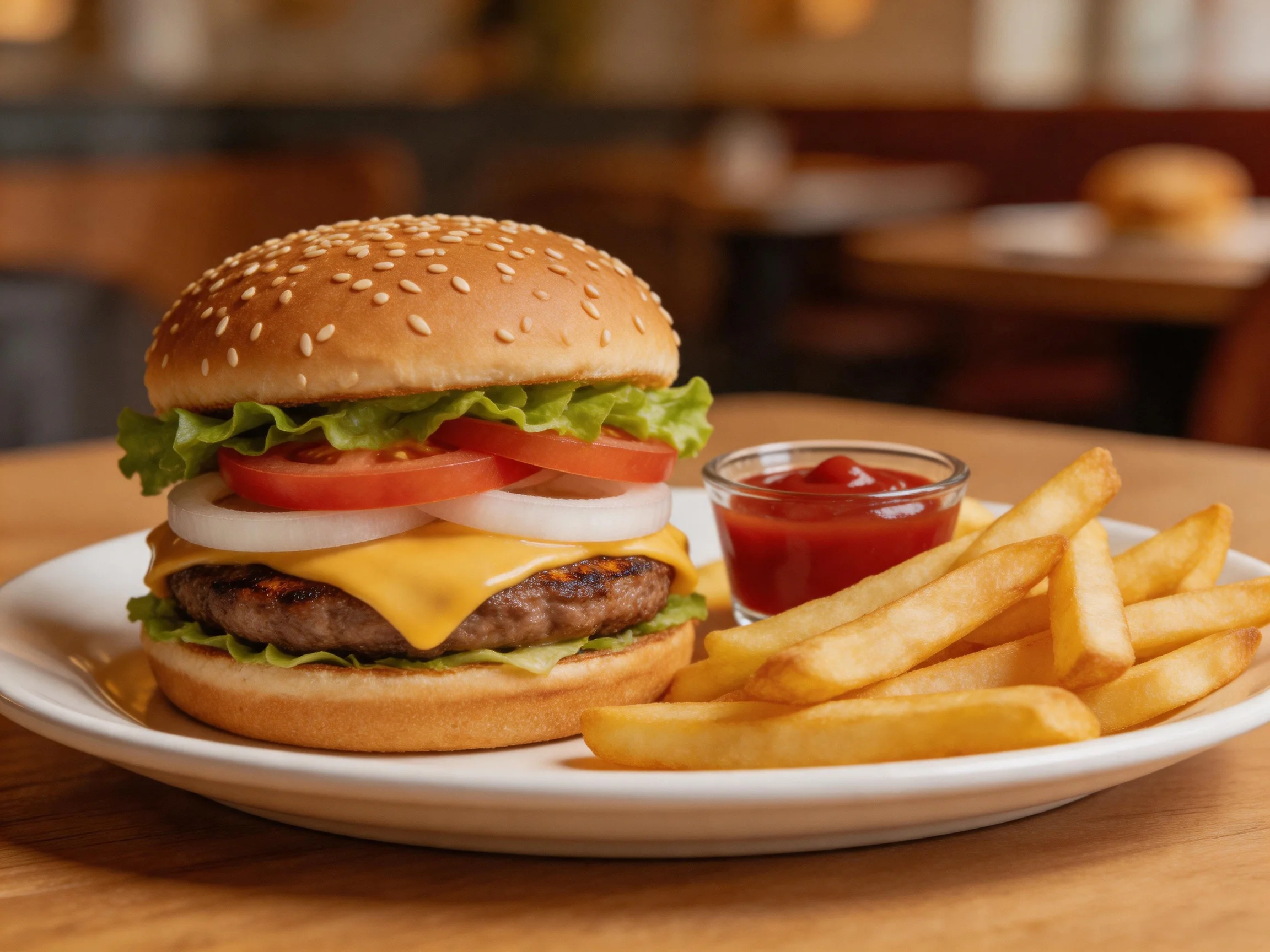 A sesame seed burger with cheese, lettuce, and tomato served with golden fries and red ketchup