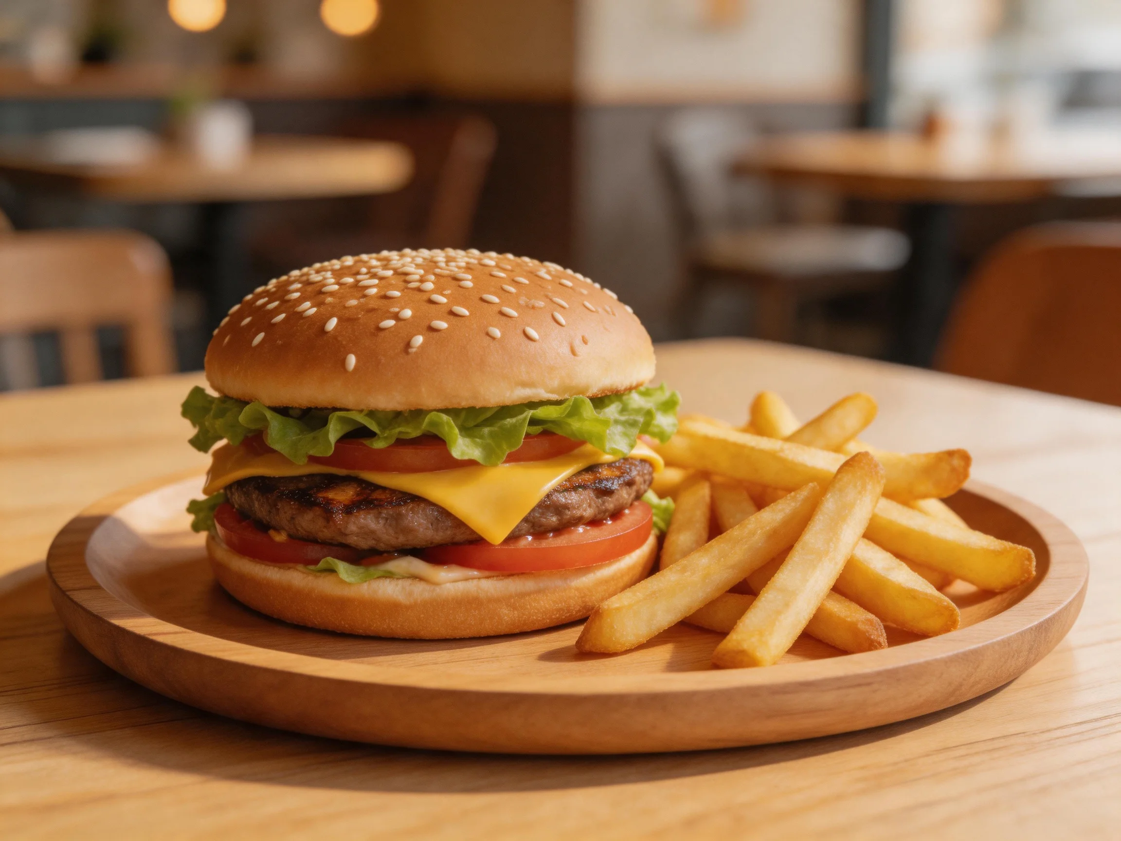 A sesame seed burger with cheese, lettuce, tomato and crispy fries on a wooden plate