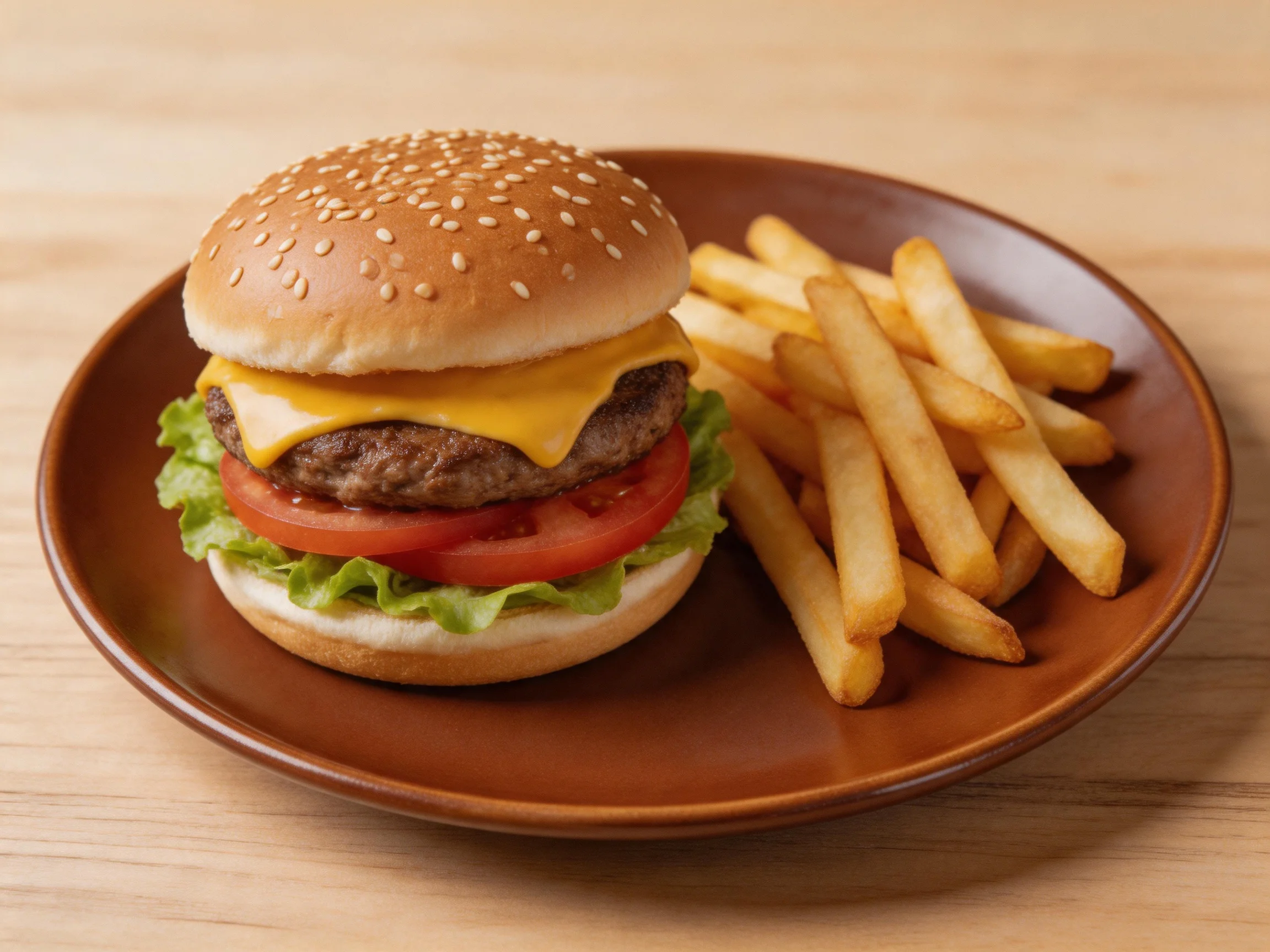 A sesame seed burger with cheese, lettuce, tomato and golden French fries