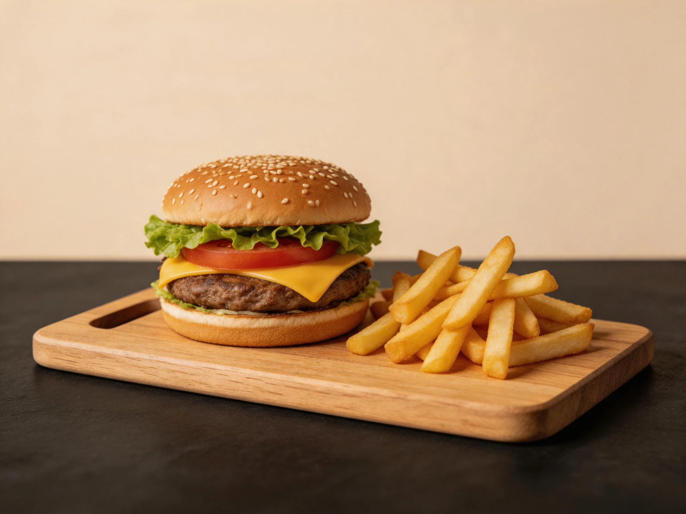 A sesame seed burger with cheese, lettuce, tomato beside golden French fries