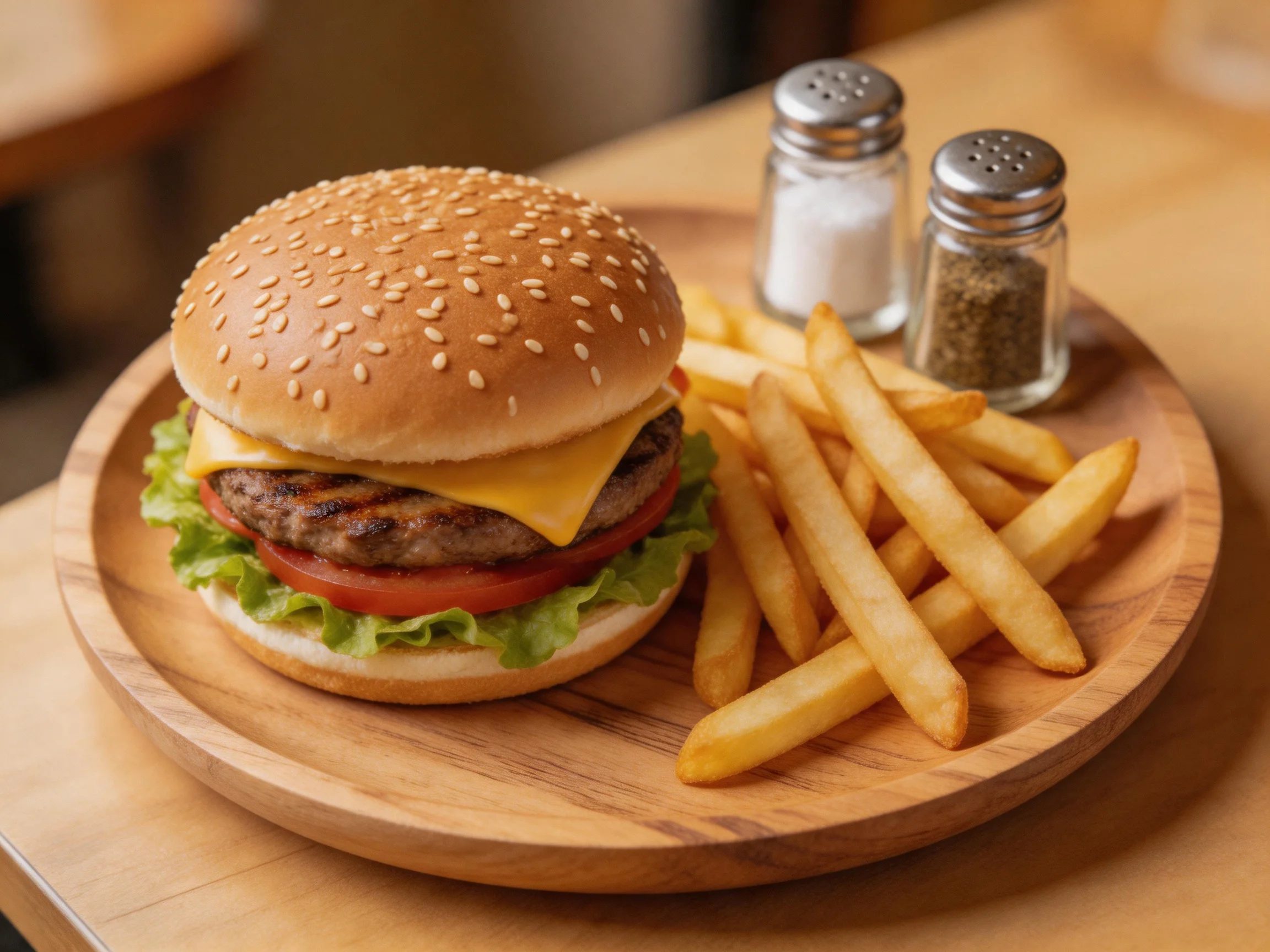 A sesame seed burger with cheese, lettuce, tomato served with French fries