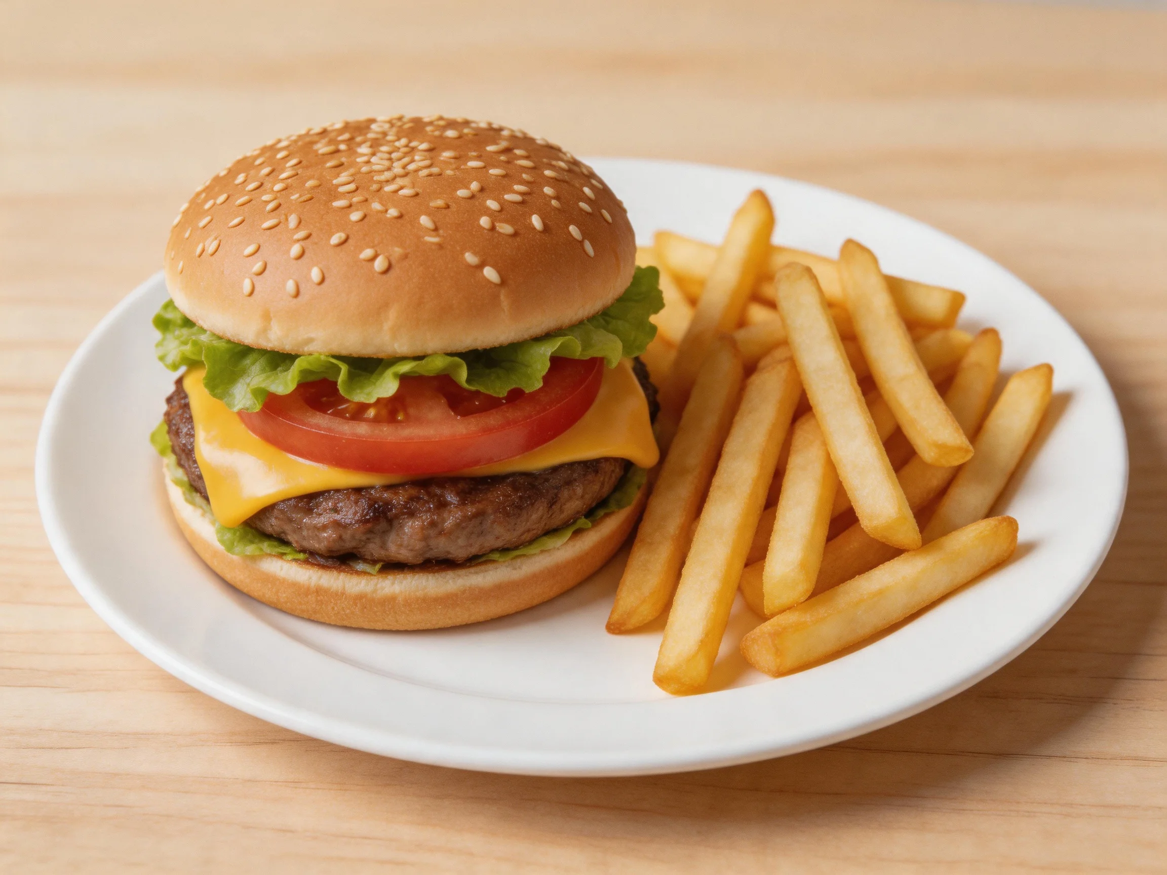 A sesame seed burger with cheese, lettuce, tomato served with French fries