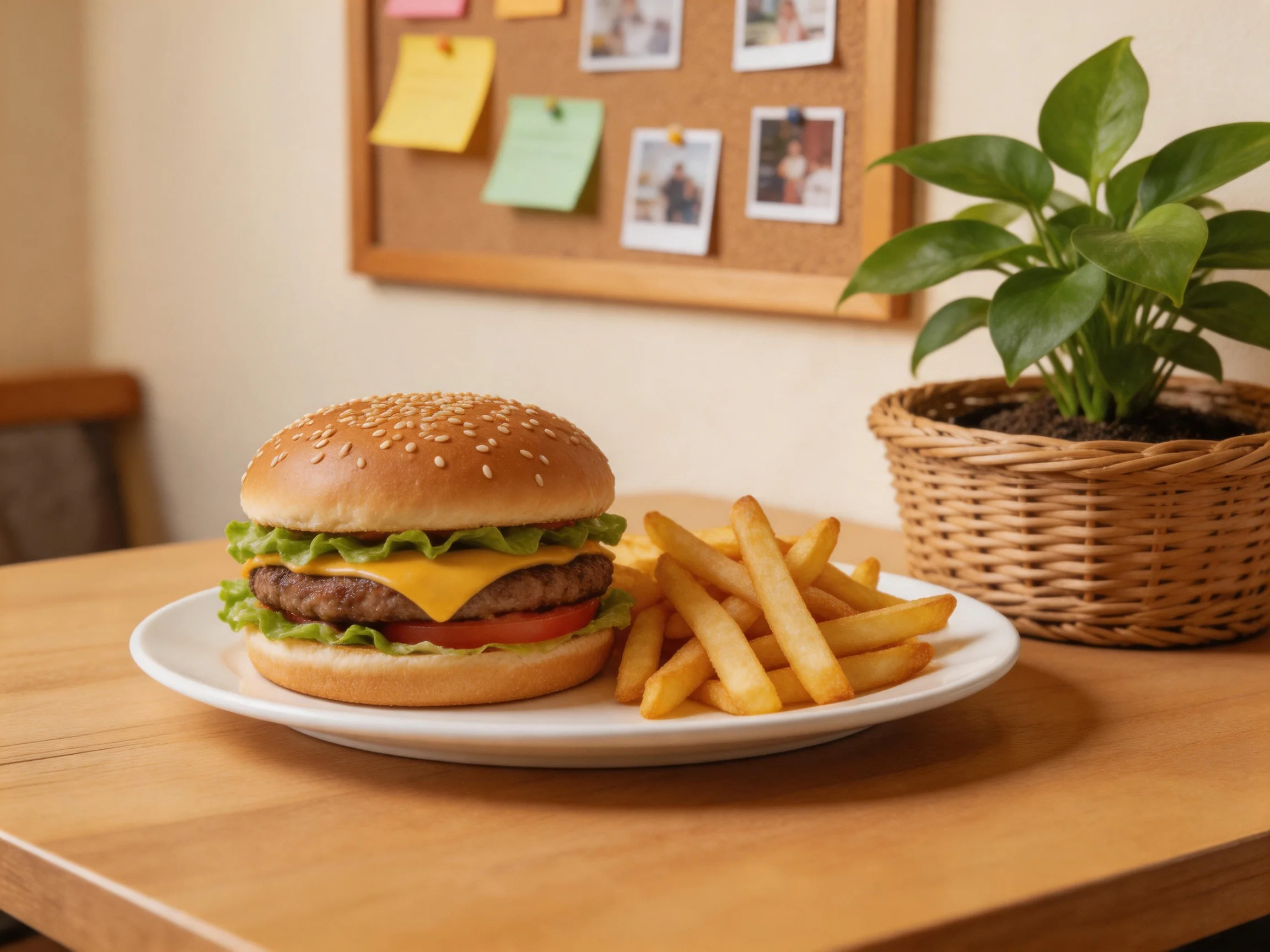 A sesame seed burger with cheese, lettuce, tomato served with golden fries beside a potted plant