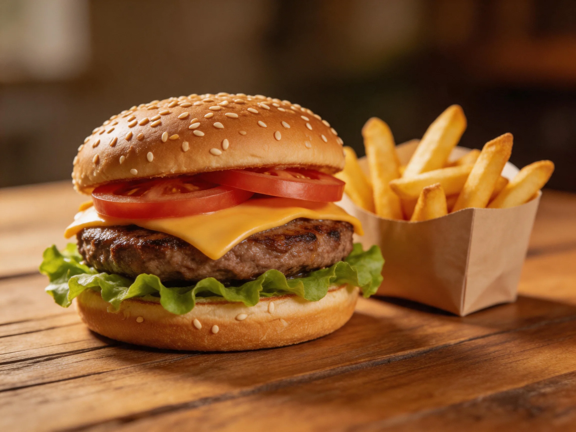 A sesame seed burger with cheese, tomato, and lettuce beside golden French fries