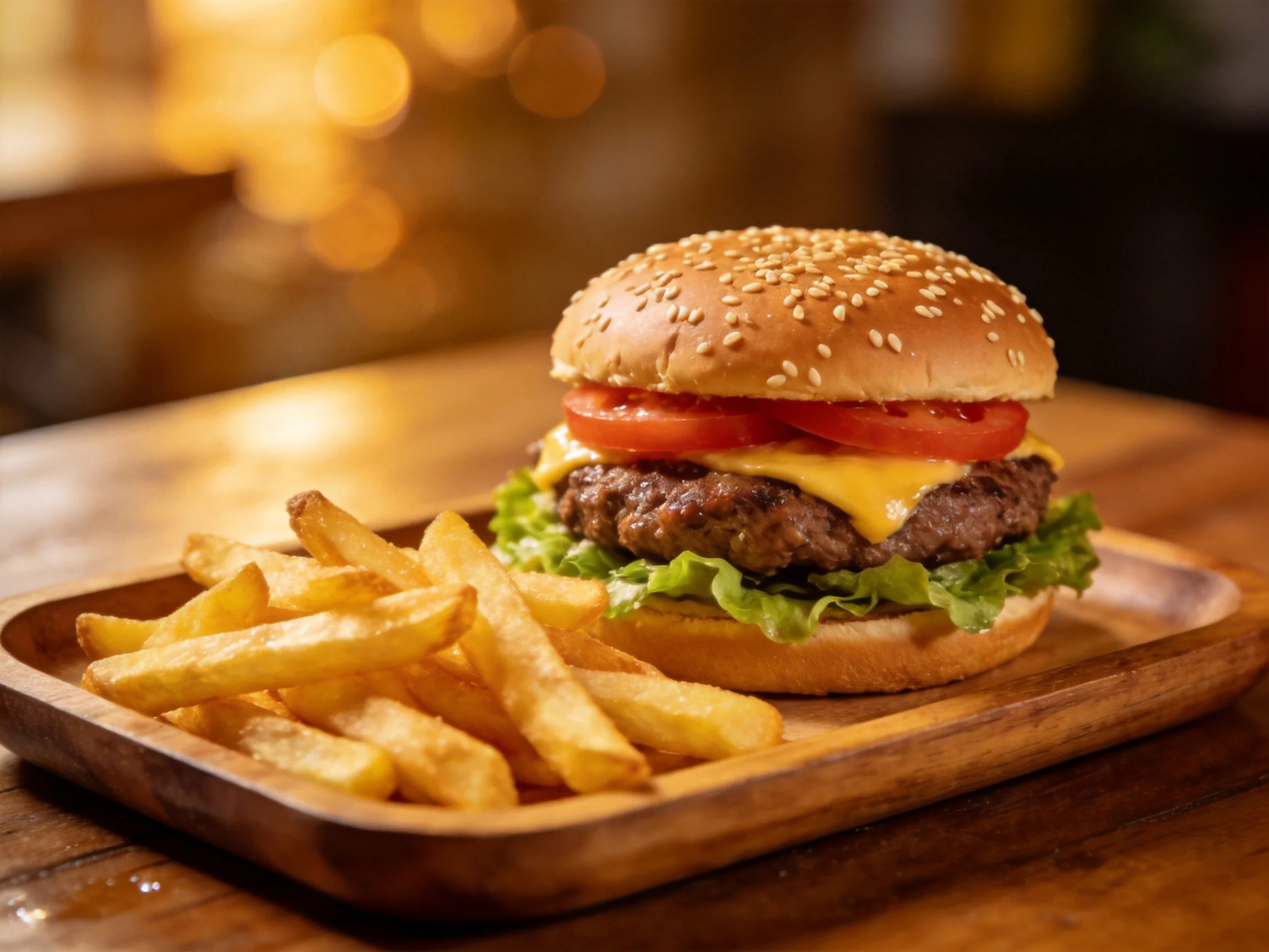 A sesame seed burger with cheese, tomato, lettuce, and golden fries