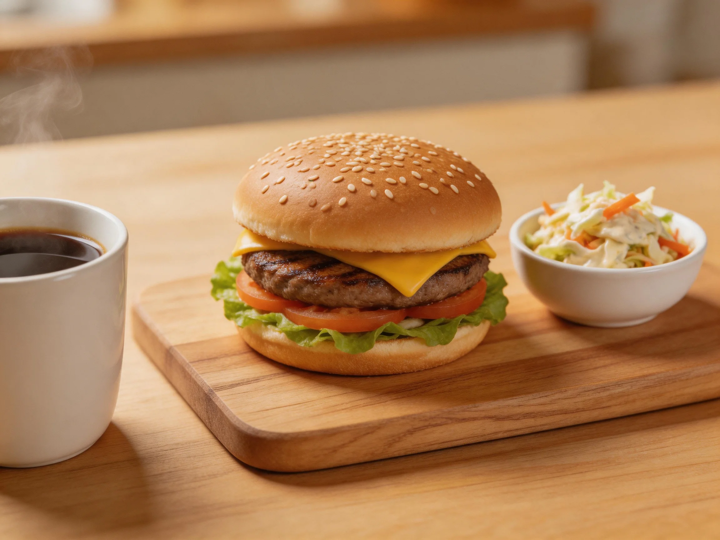 A sesame seed burger with cheese, tomato, lettuce, coleslaw, and coffee