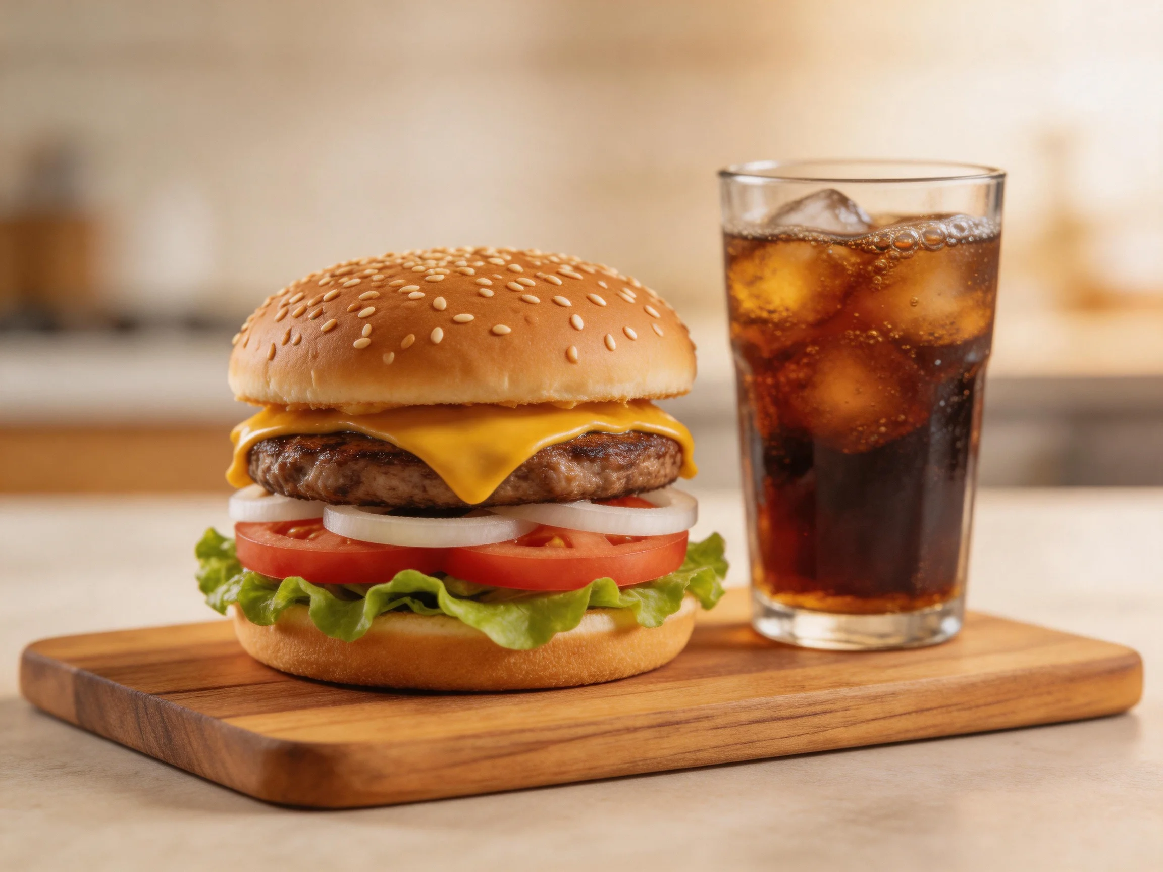 A sesame seed burger with cheese, tomato, onion beside a glass of cola