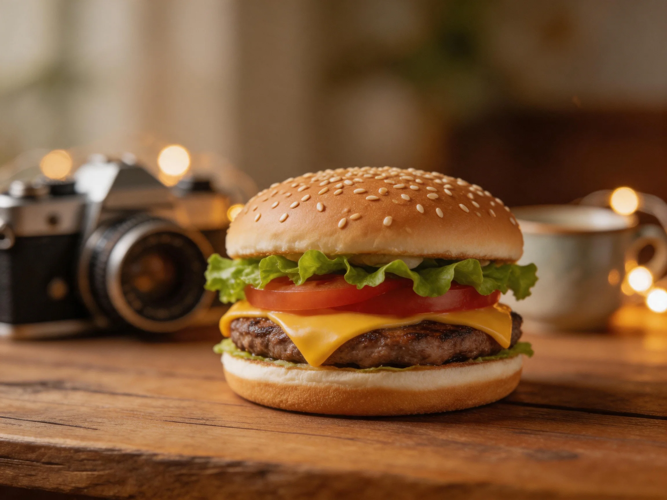 A sesame seed burger with fresh veggies near a vintage camera