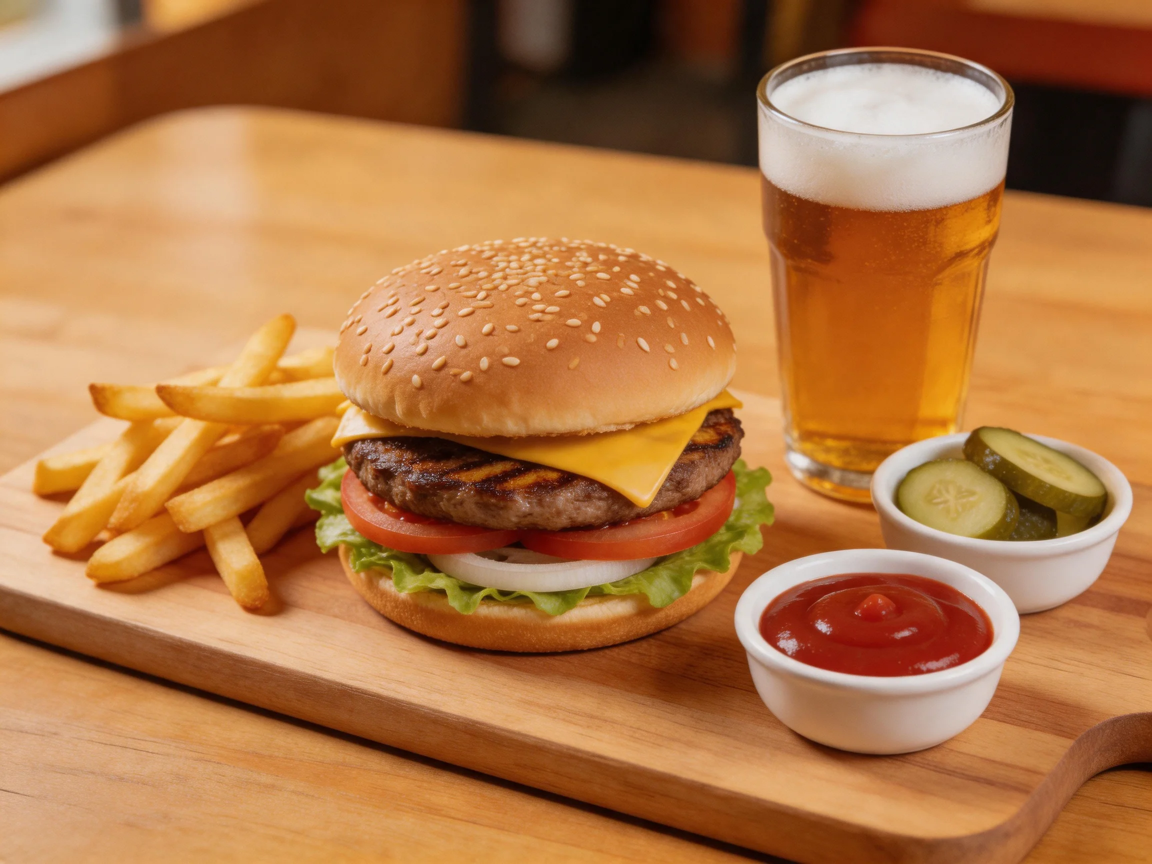 A sesame seed burger with fries, beer, and condiments on a wooden serving board