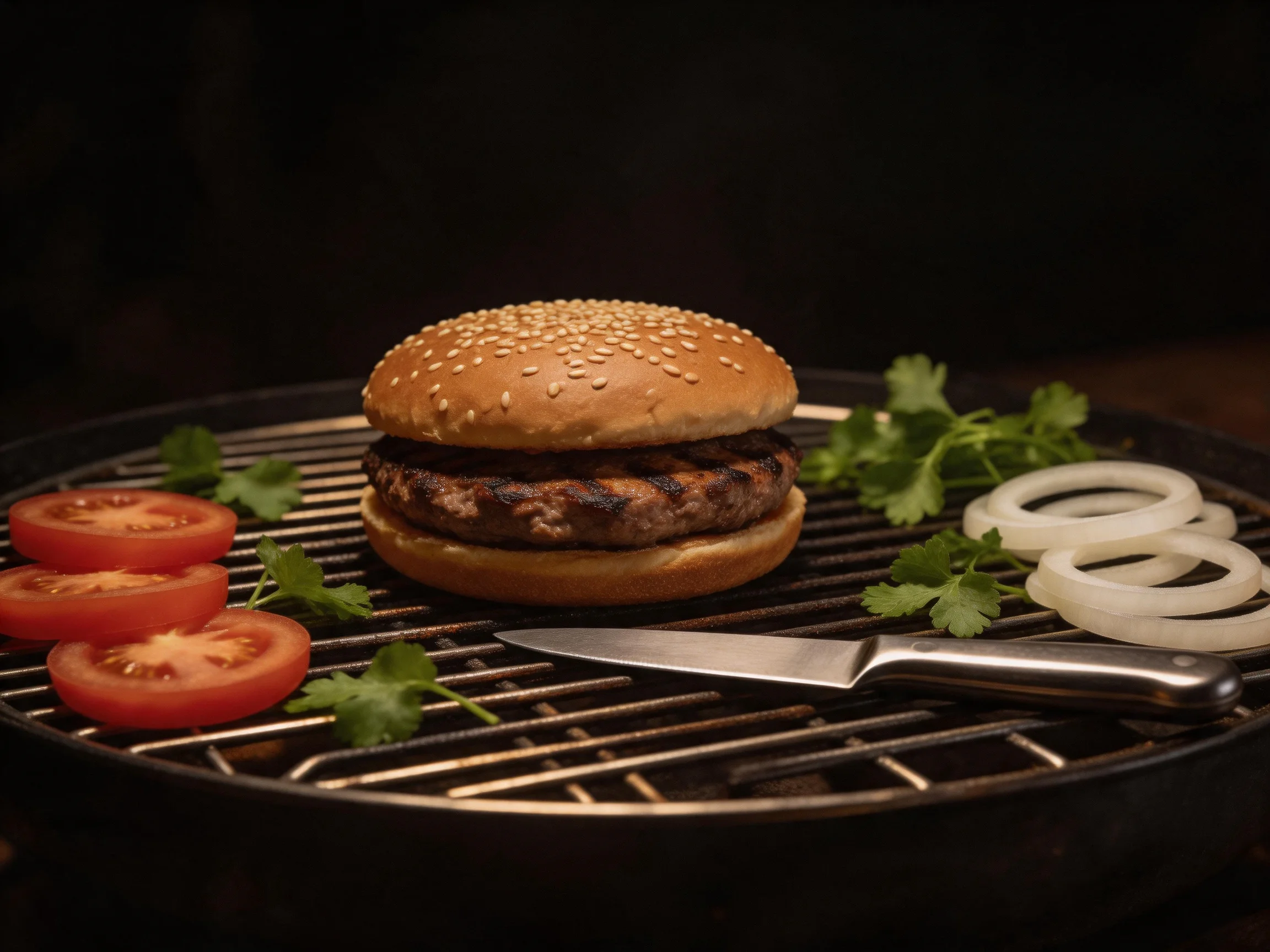 A sesame seed burger with grilled veggies and herbs on a round grill